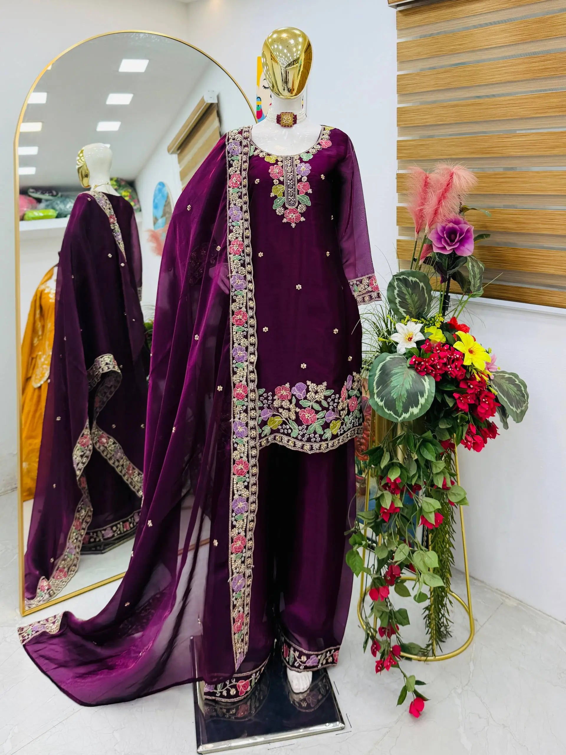 Elegant Chinon Silk Embroidered Suit Set for Festive and Wedding Wear