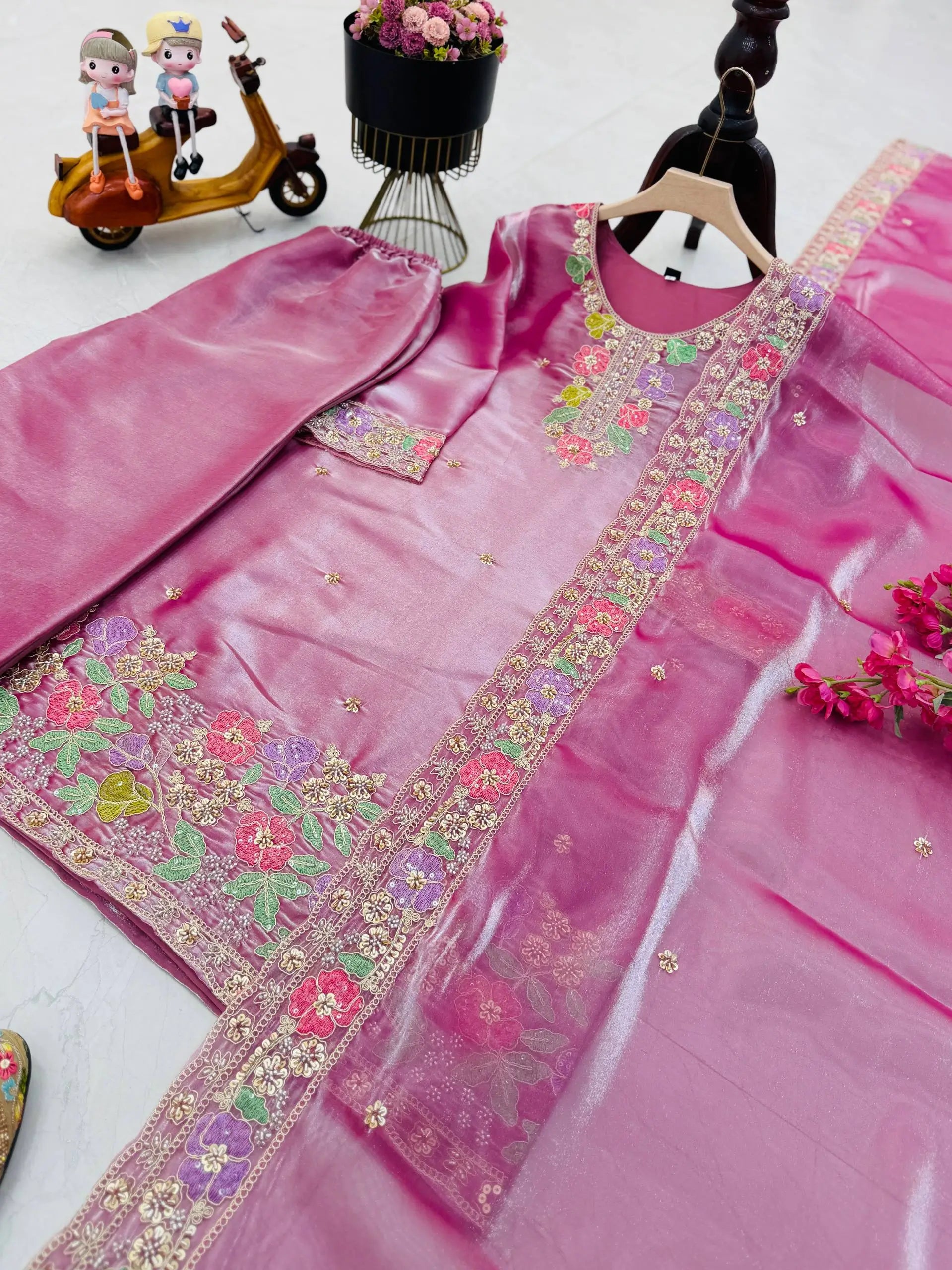Elegant Chinon Silk Embroidered Suit Set for Festive and Wedding Wear
