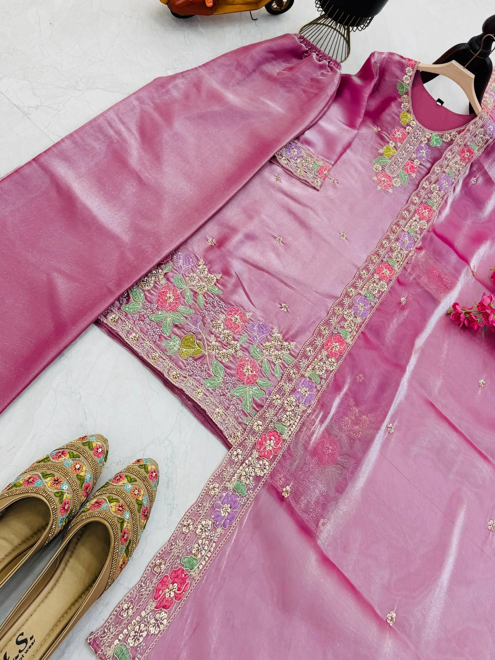 Elegant Chinon Silk Embroidered Suit Set for Festive and Wedding Wear