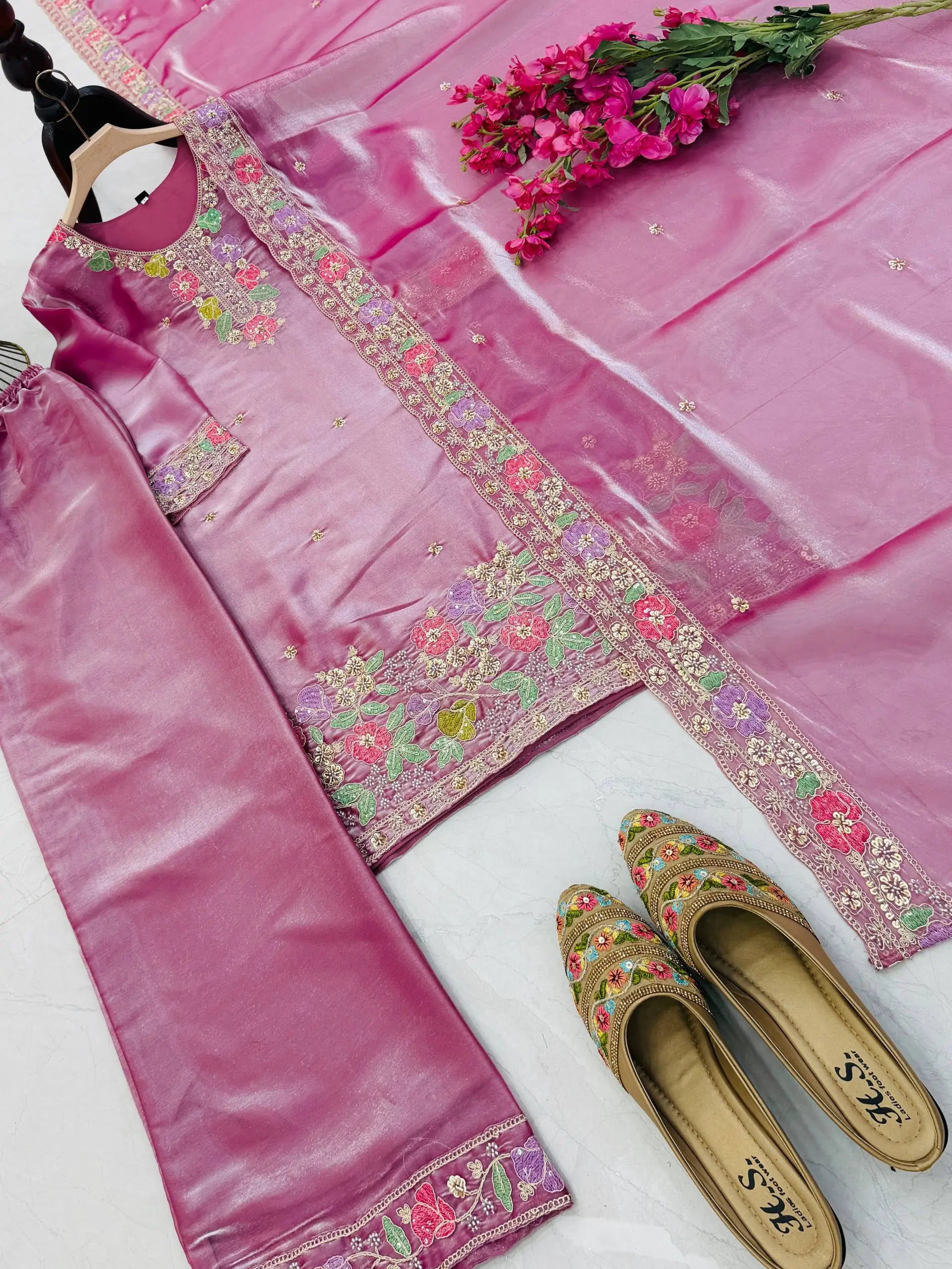 Elegant Chinon Silk Embroidered Suit Set for Festive and Wedding Wear
