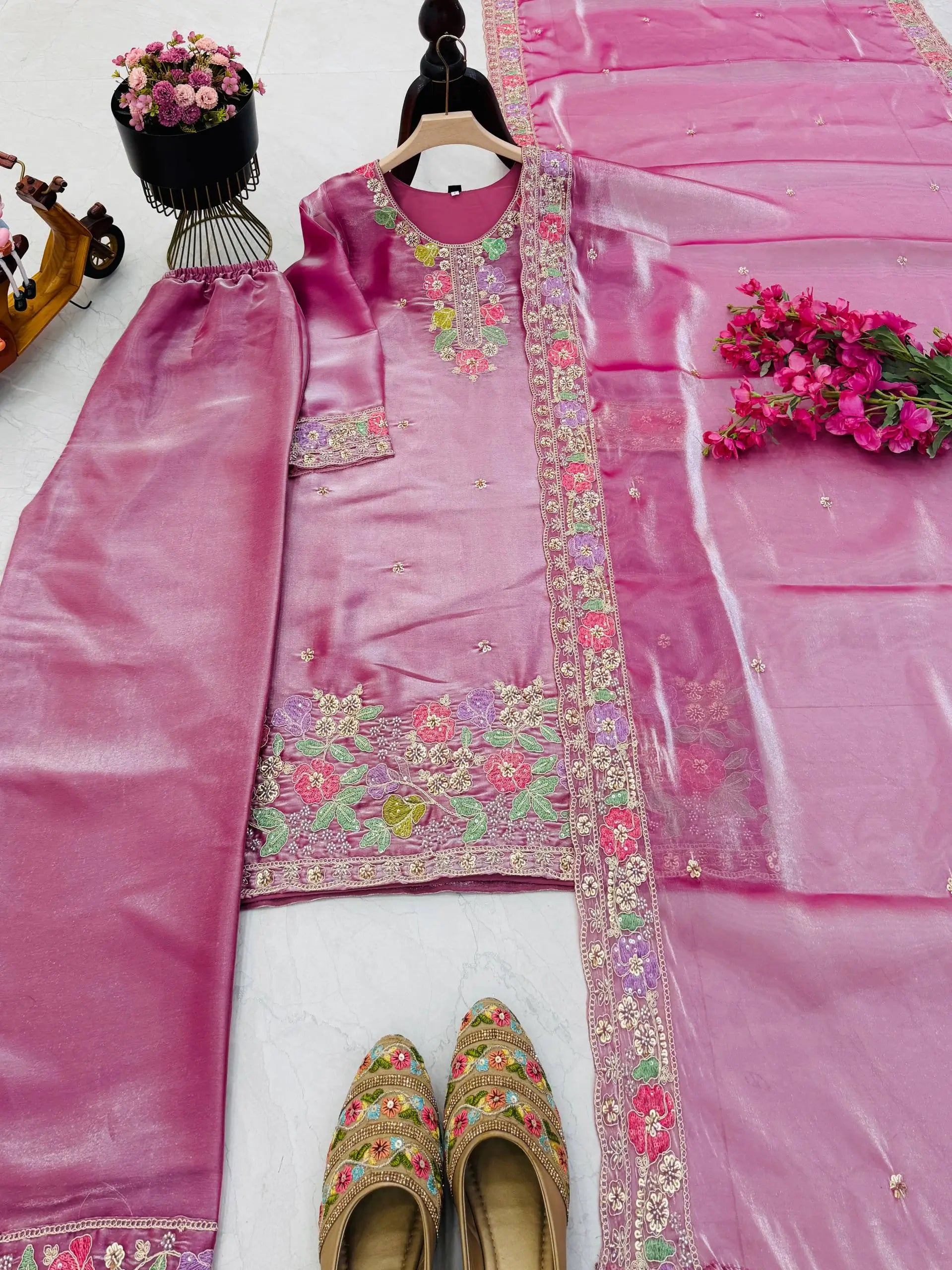 Elegant Chinon Silk Embroidered Suit Set for Festive and Wedding Wear