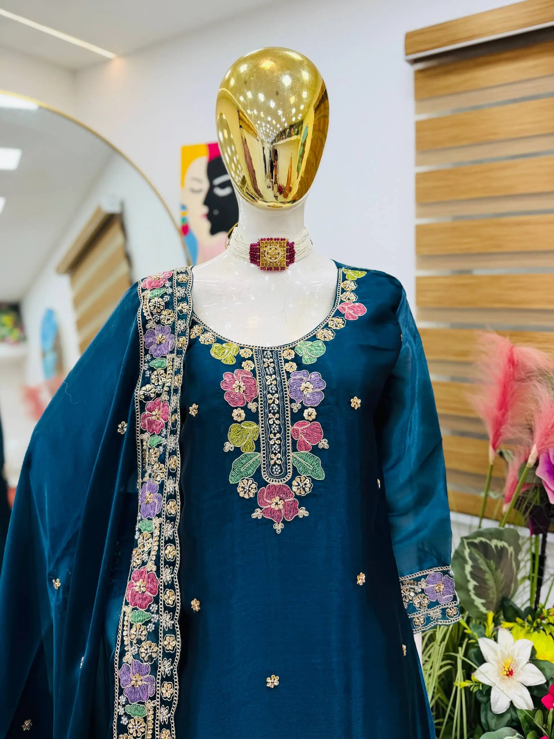 Elegant Chinon Silk Embroidered Suit Set for Festive and Wedding Wear