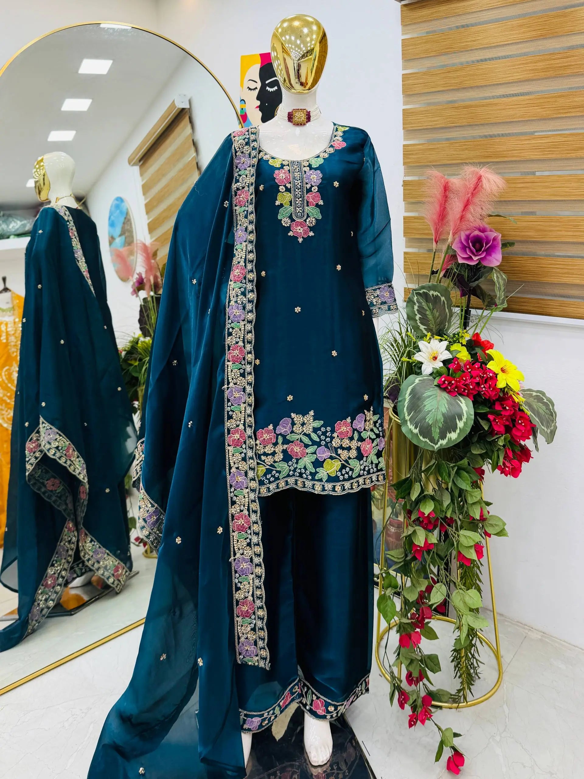 Elegant Chinon Silk Embroidered Suit Set for Festive and Wedding Wear