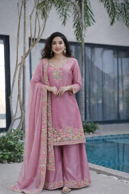 Elegant Chinon Silk Embroidered Suit Set for Festive and Wedding Wear