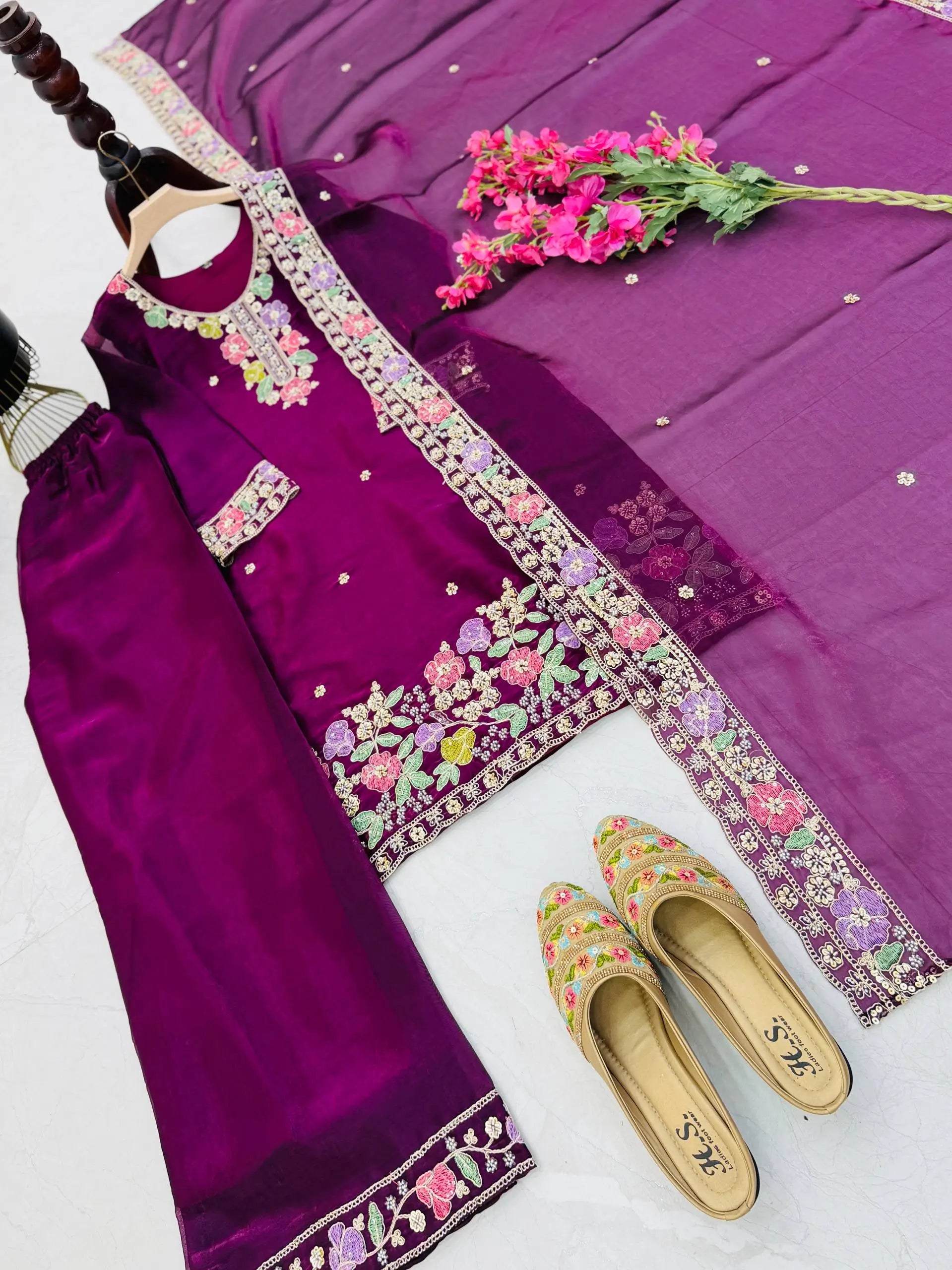 Elegant Chinon Silk Embroidered Suit Set for Festive and Wedding Wear