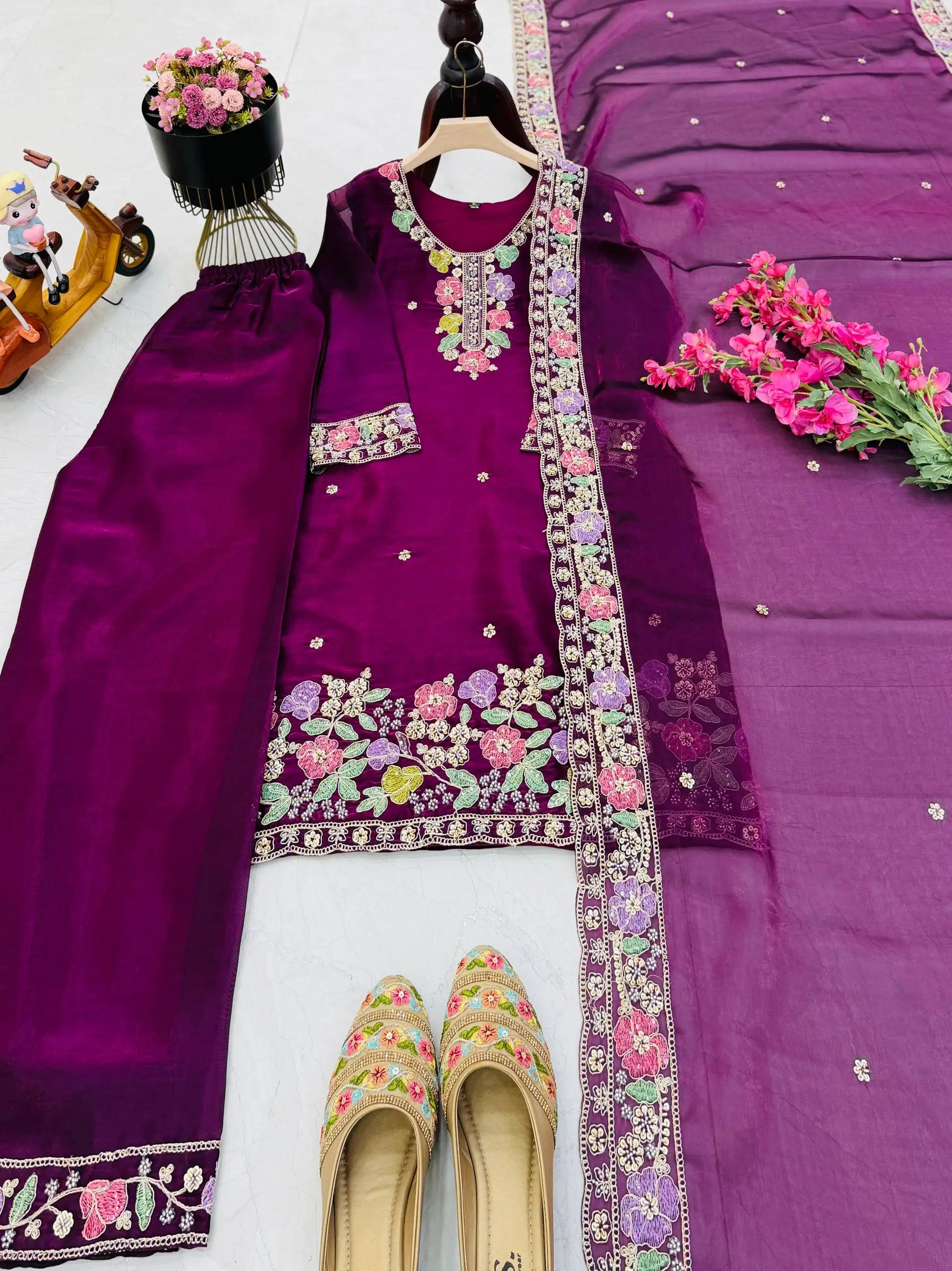 Elegant Chinon Silk Embroidered Suit Set for Festive and Wedding Wear