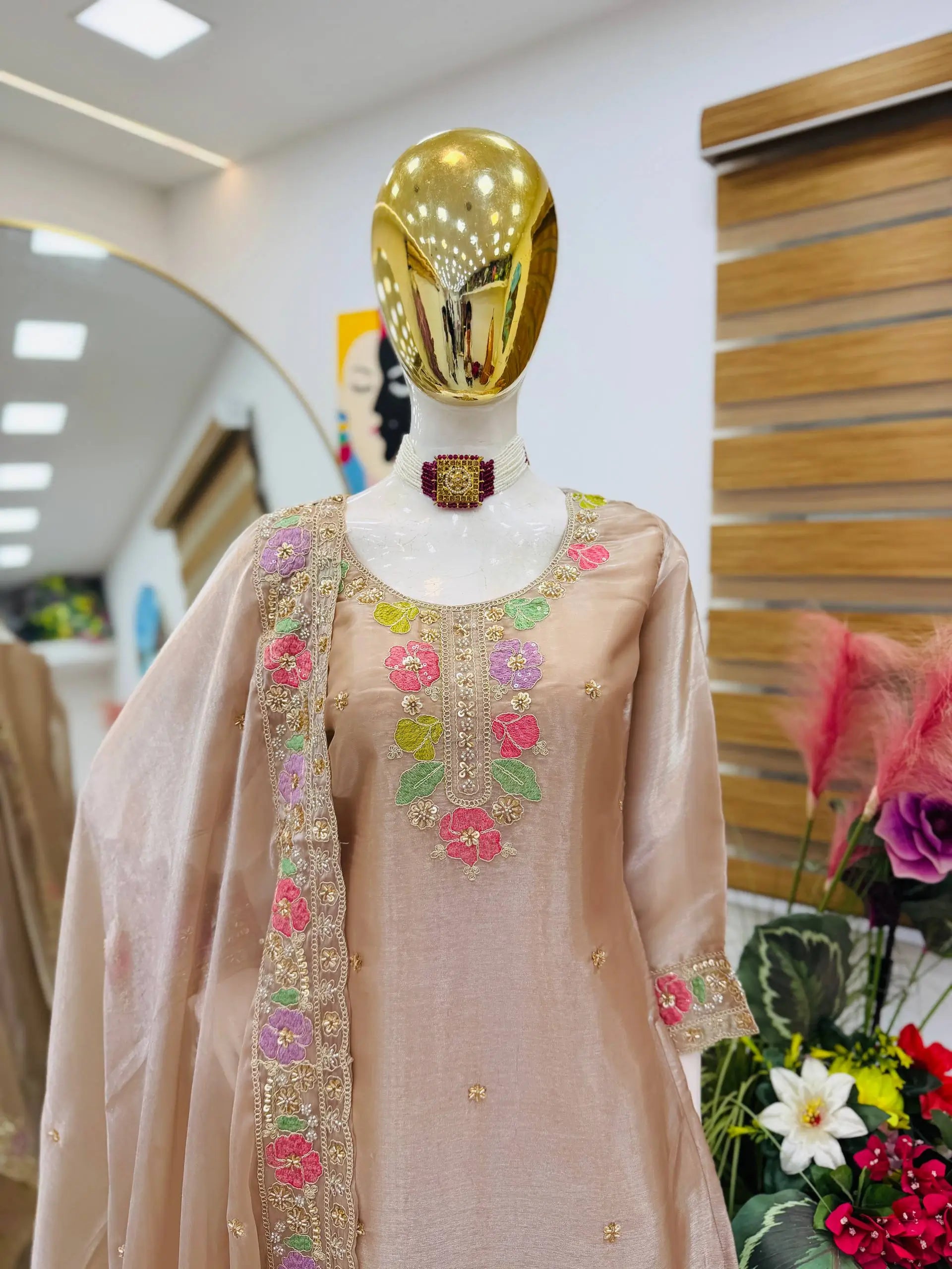 Elegant Chinon Silk Embroidered Suit Set for Festive and Wedding Wear