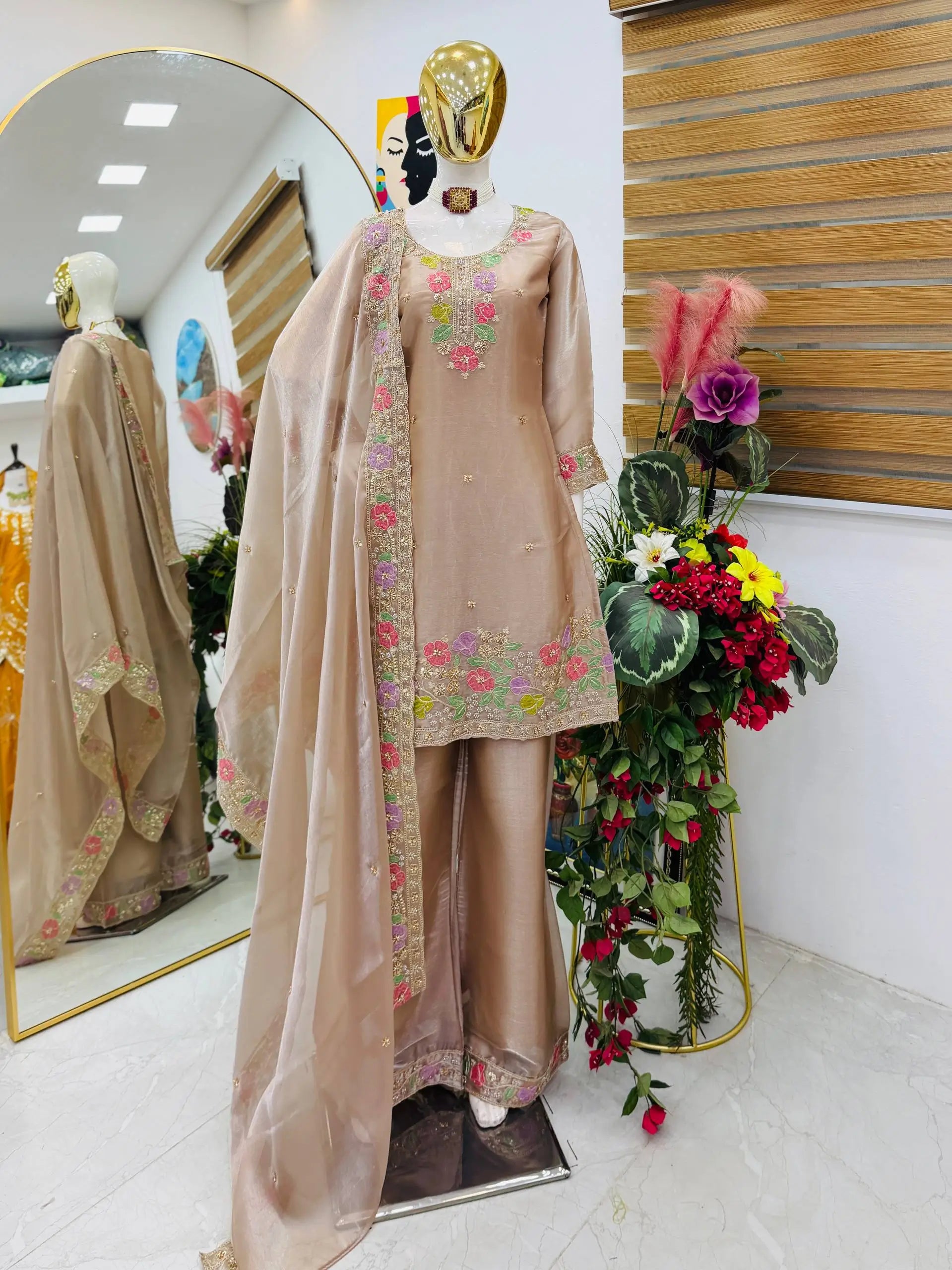 Elegant Chinon Silk Embroidered Suit Set for Festive and Wedding Wear