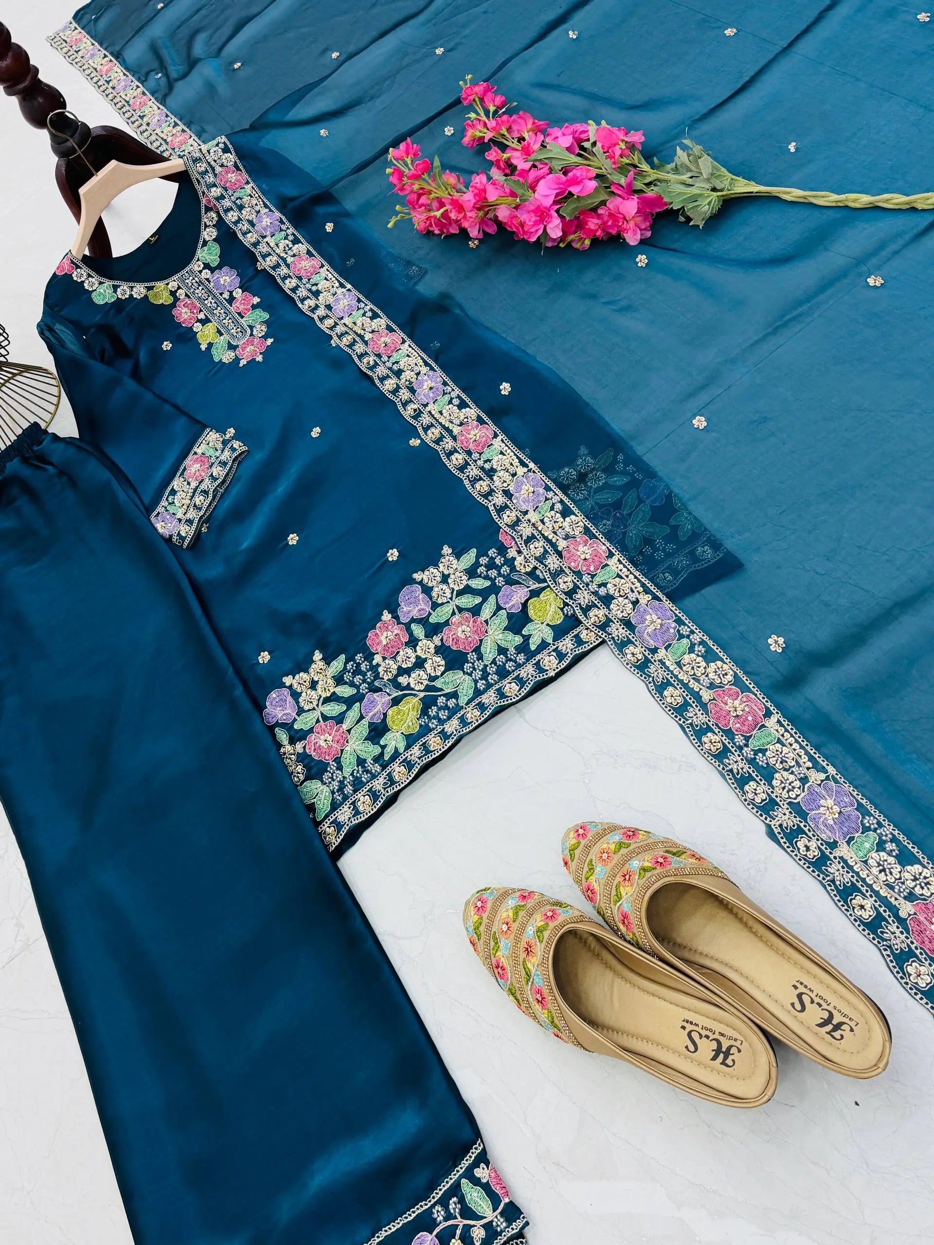 Elegant Chinon Silk Embroidered Suit Set for Festive and Wedding Wear
