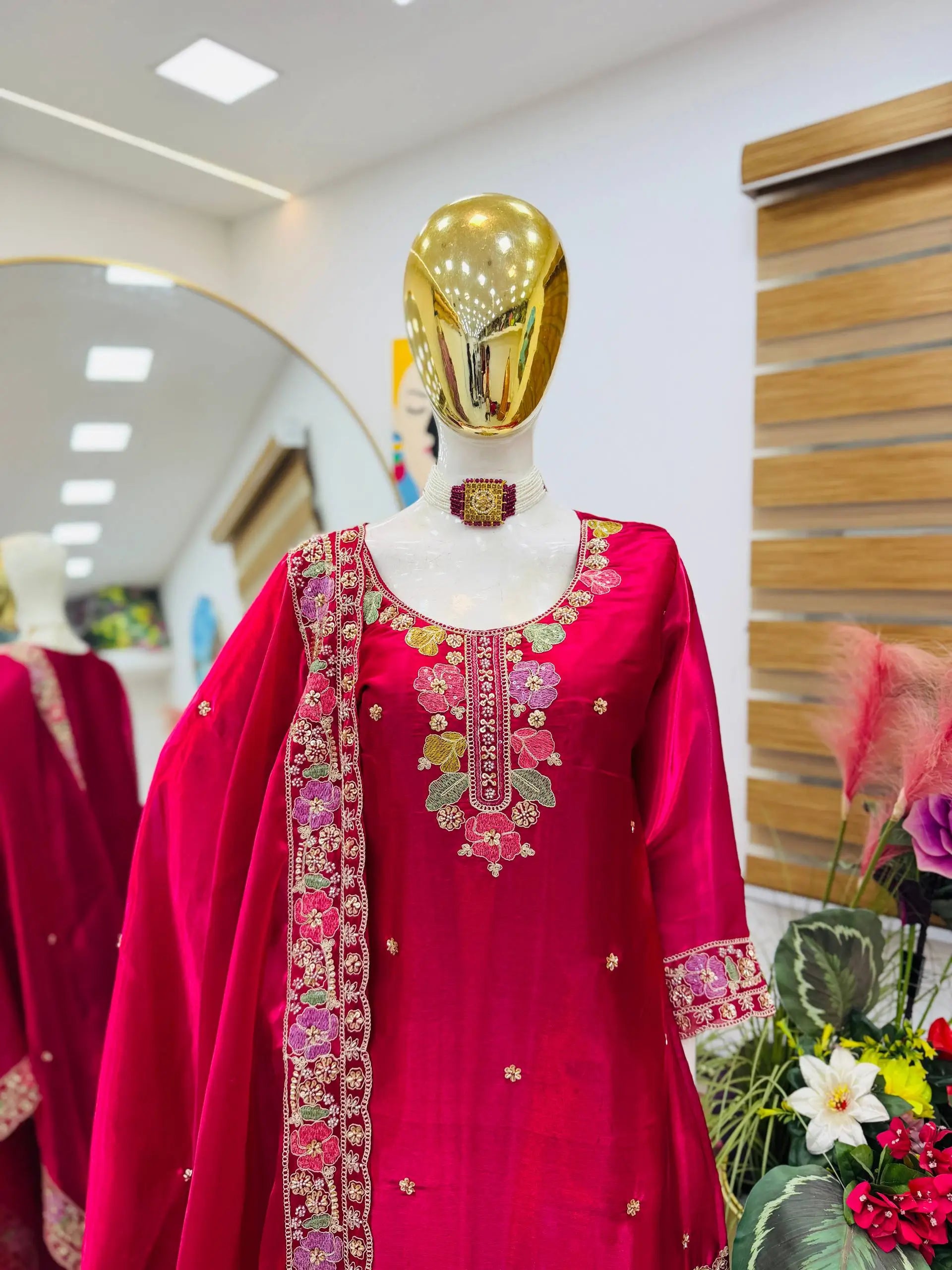 Elegant Chinon Silk Embroidered Suit Set for Festive and Wedding Wear