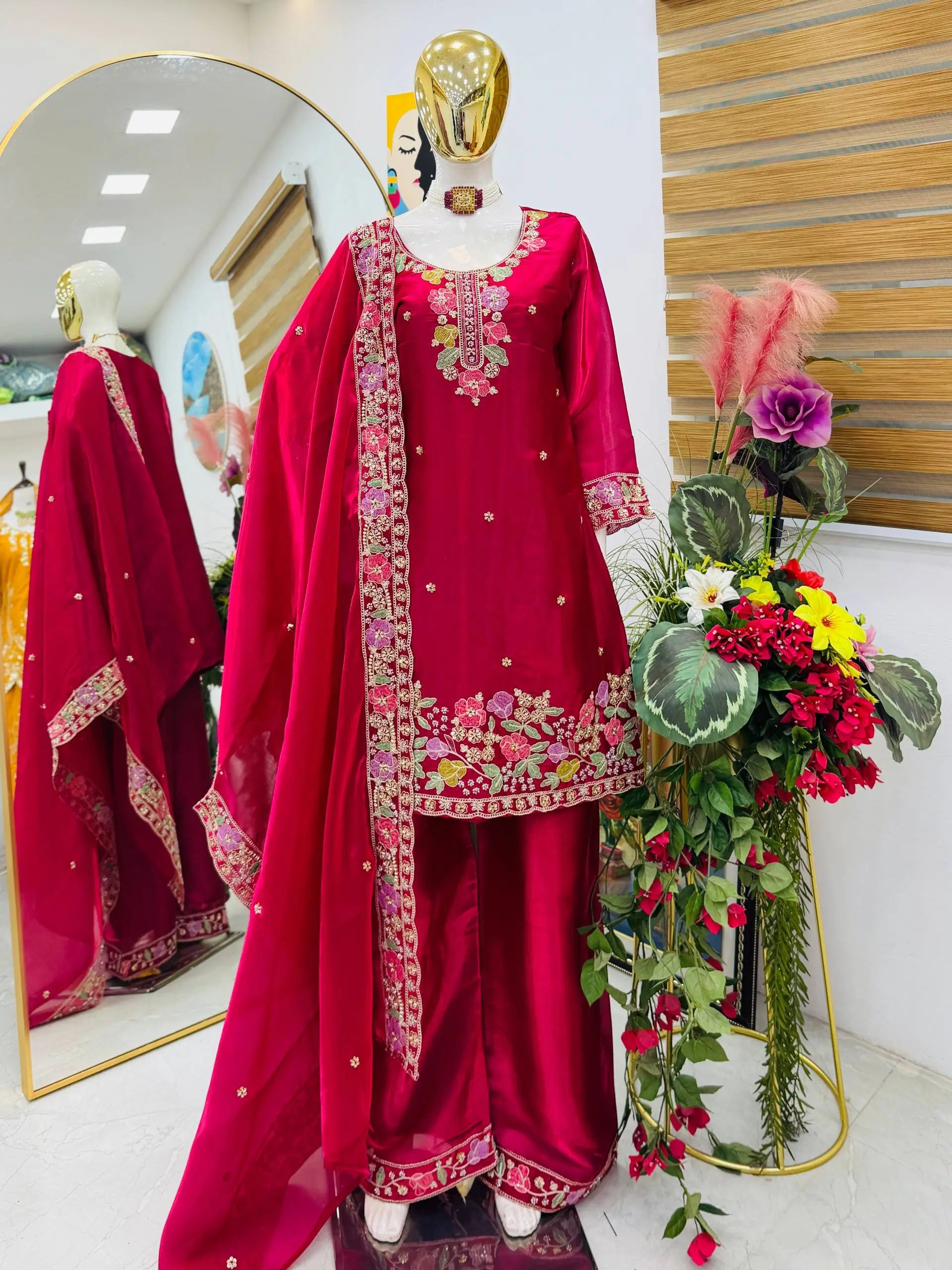 Elegant Chinon Silk Embroidered Suit Set for Festive and Wedding Wear