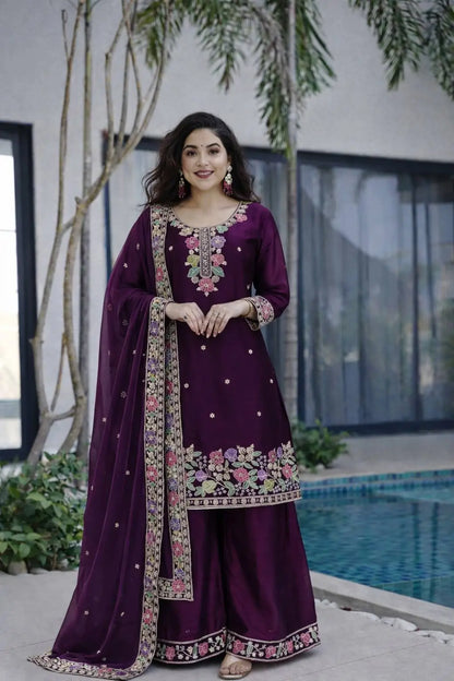 Elegant Chinon Silk Embroidered Suit Set for Festive and Wedding Wear