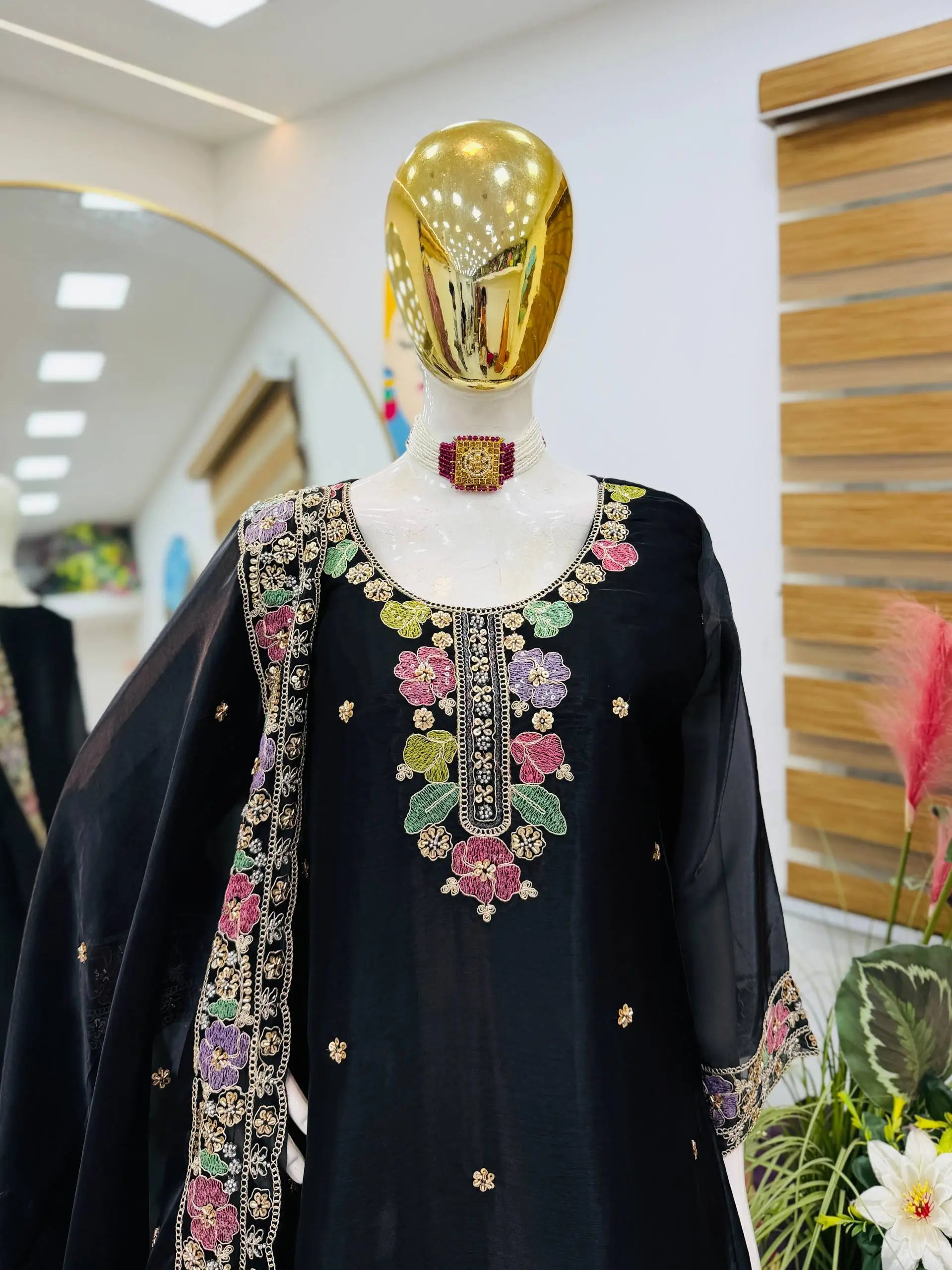 Elegant Chinon Silk Embroidered Suit Set for Festive and Wedding Wear
