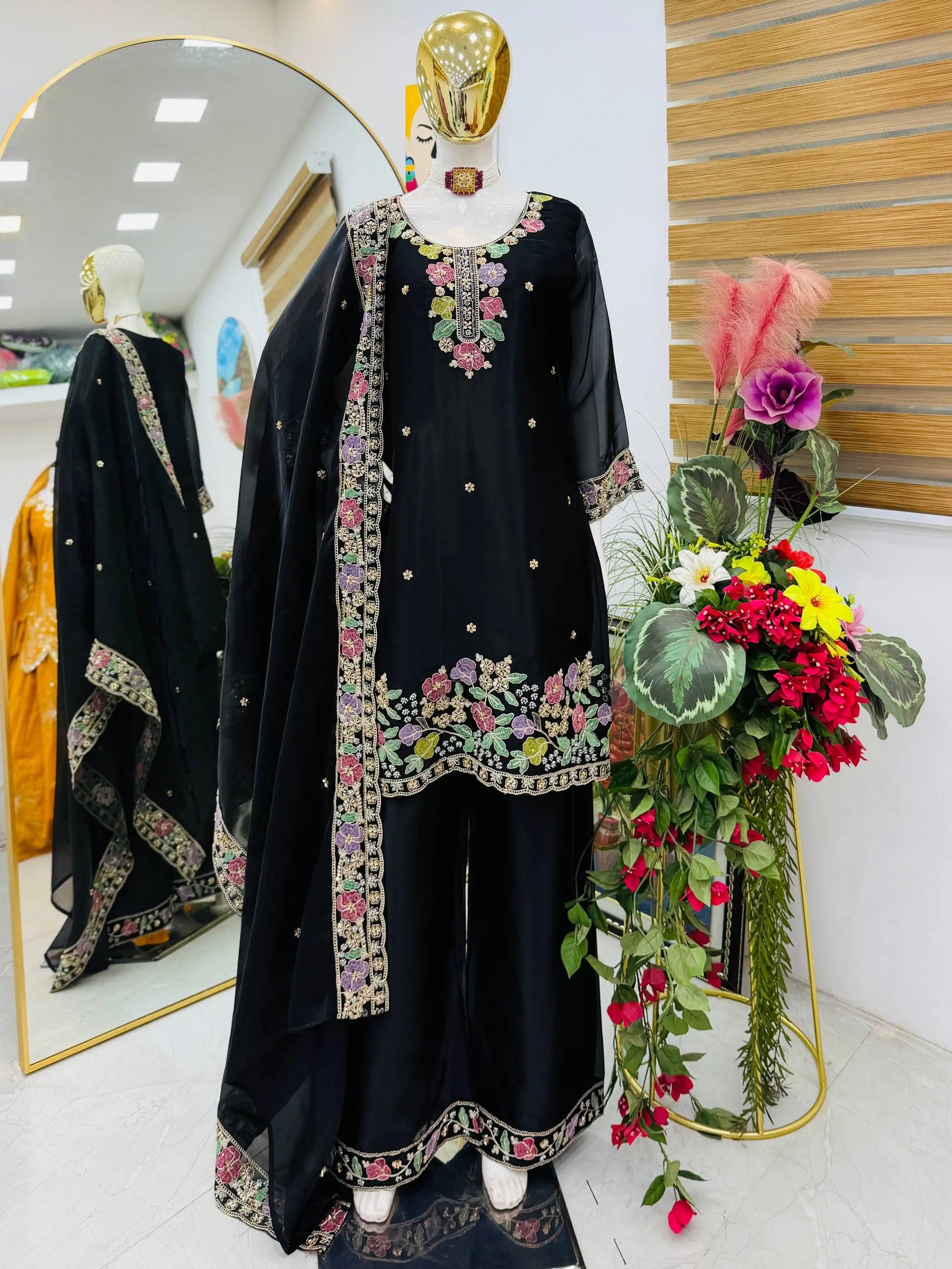Elegant Chinon Silk Embroidered Suit Set for Festive and Wedding Wear