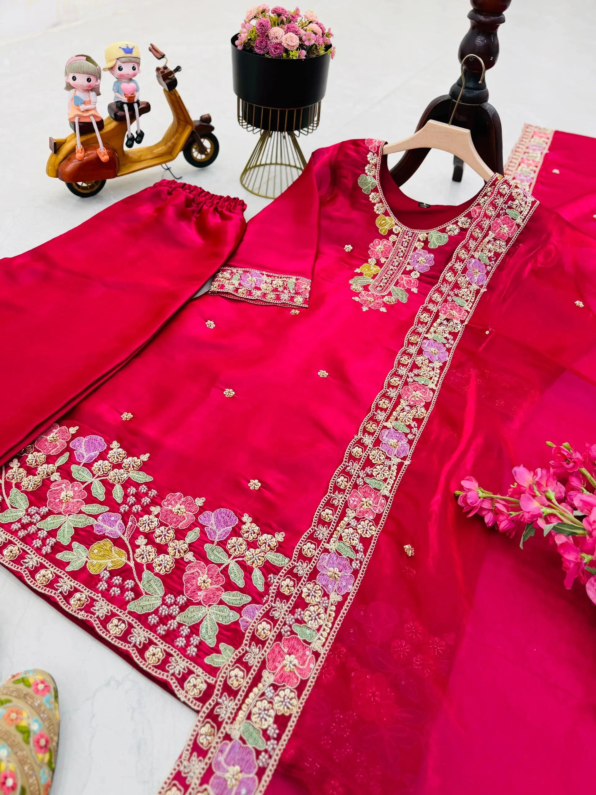 Elegant Chinon Silk Embroidered Suit Set for Festive and Wedding Wear