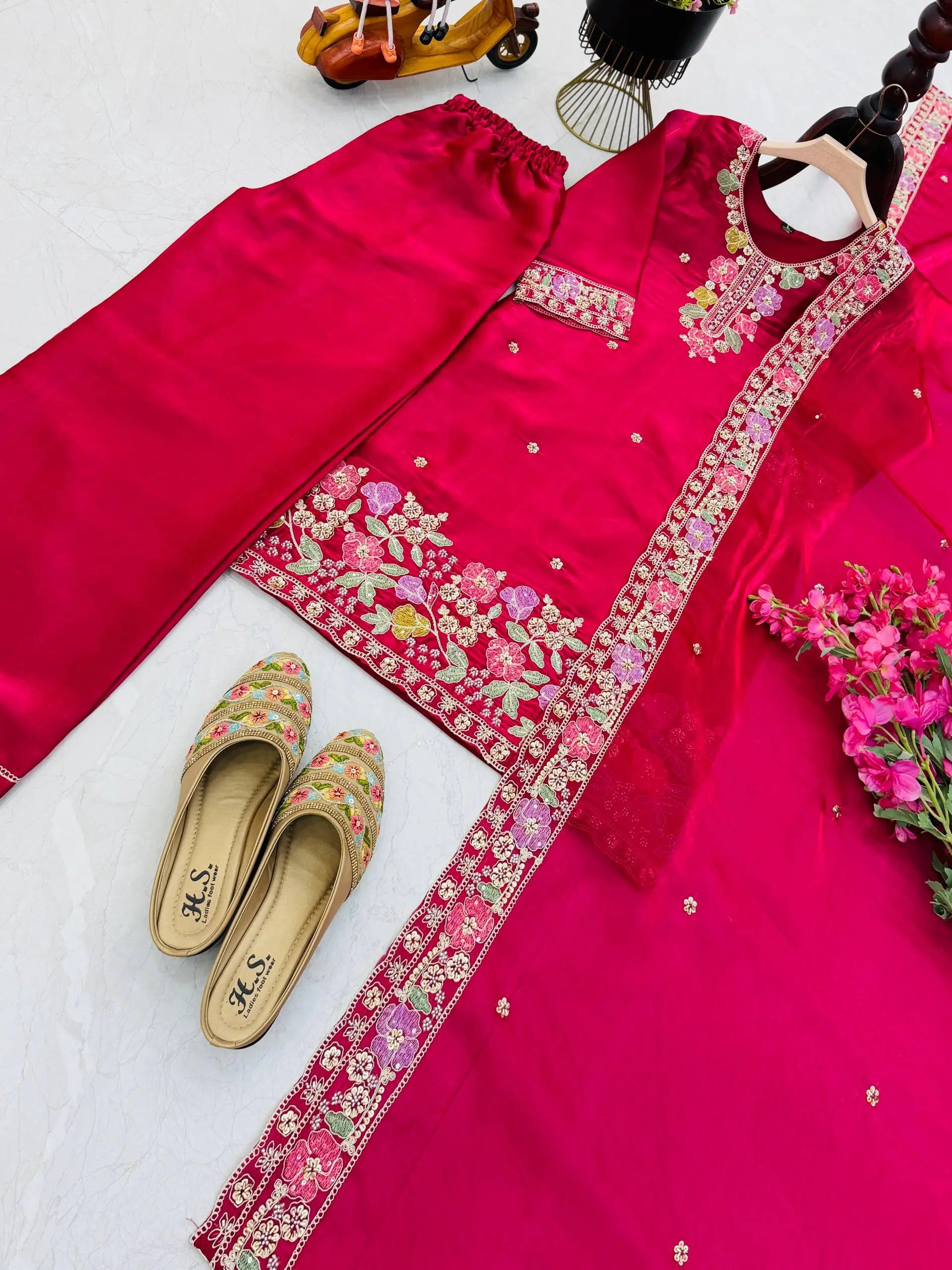 Elegant Chinon Silk Embroidered Suit Set for Festive and Wedding Wear