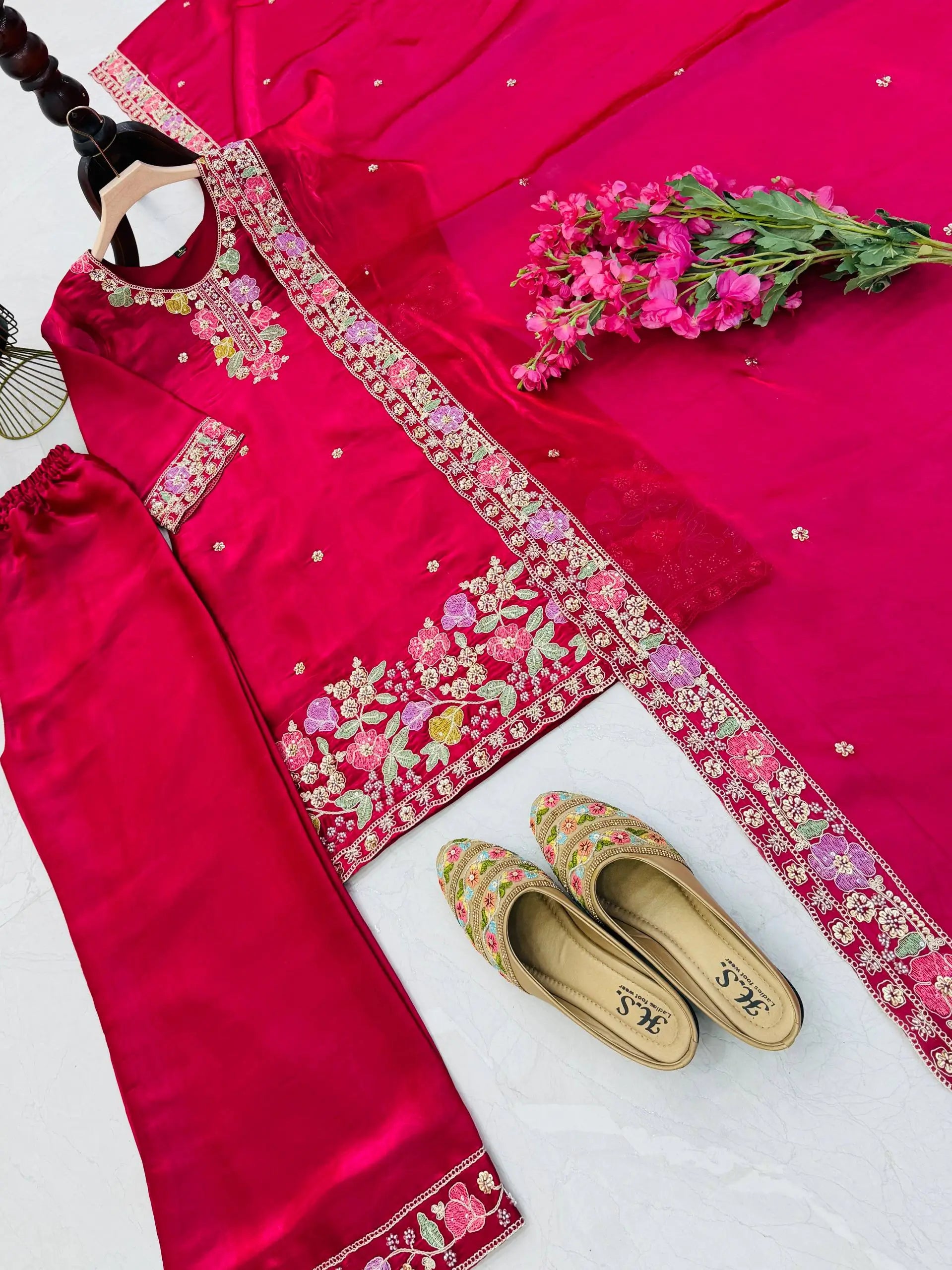 Elegant Chinon Silk Embroidered Suit Set for Festive and Wedding Wear