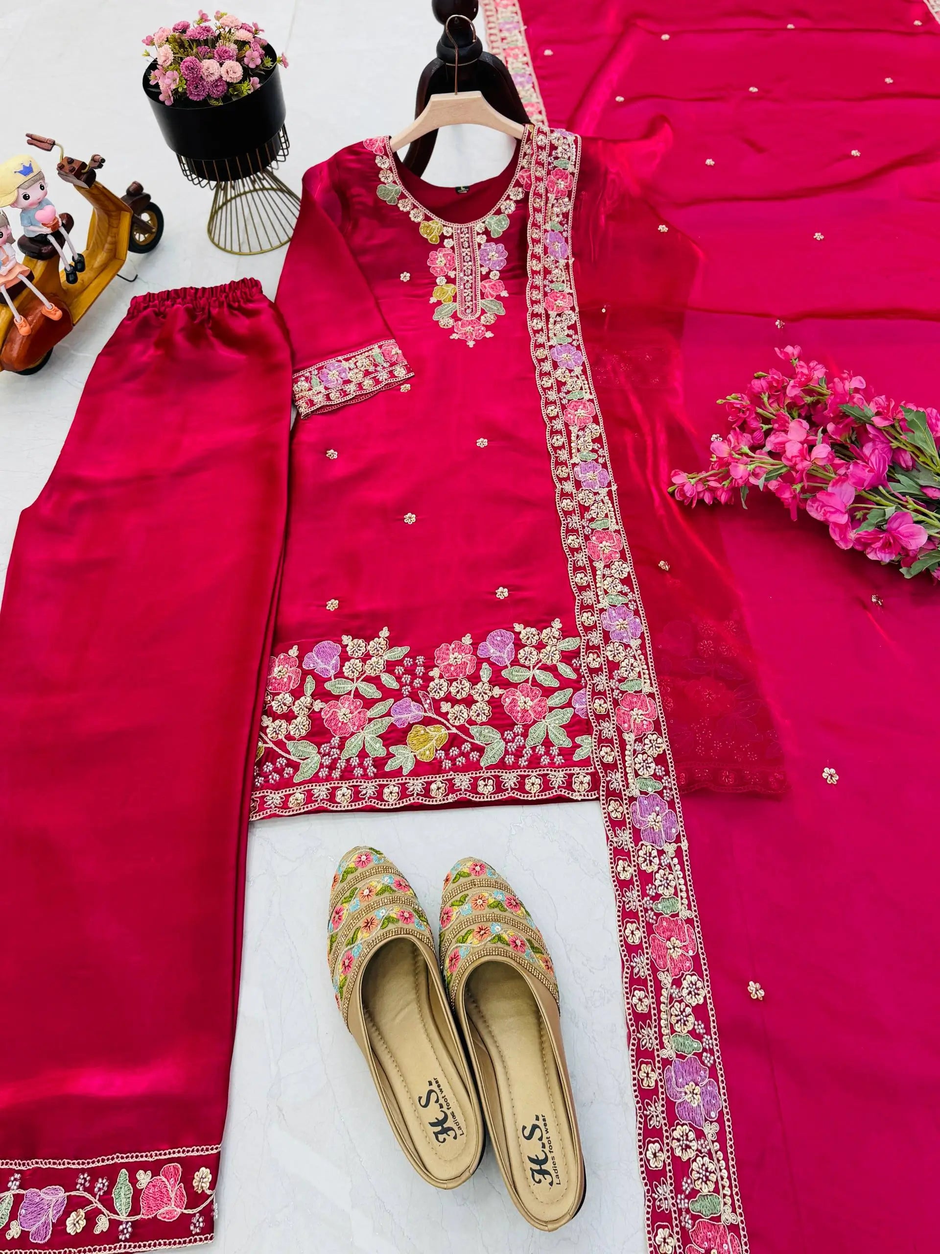 Elegant Chinon Silk Embroidered Suit Set for Festive and Wedding Wear