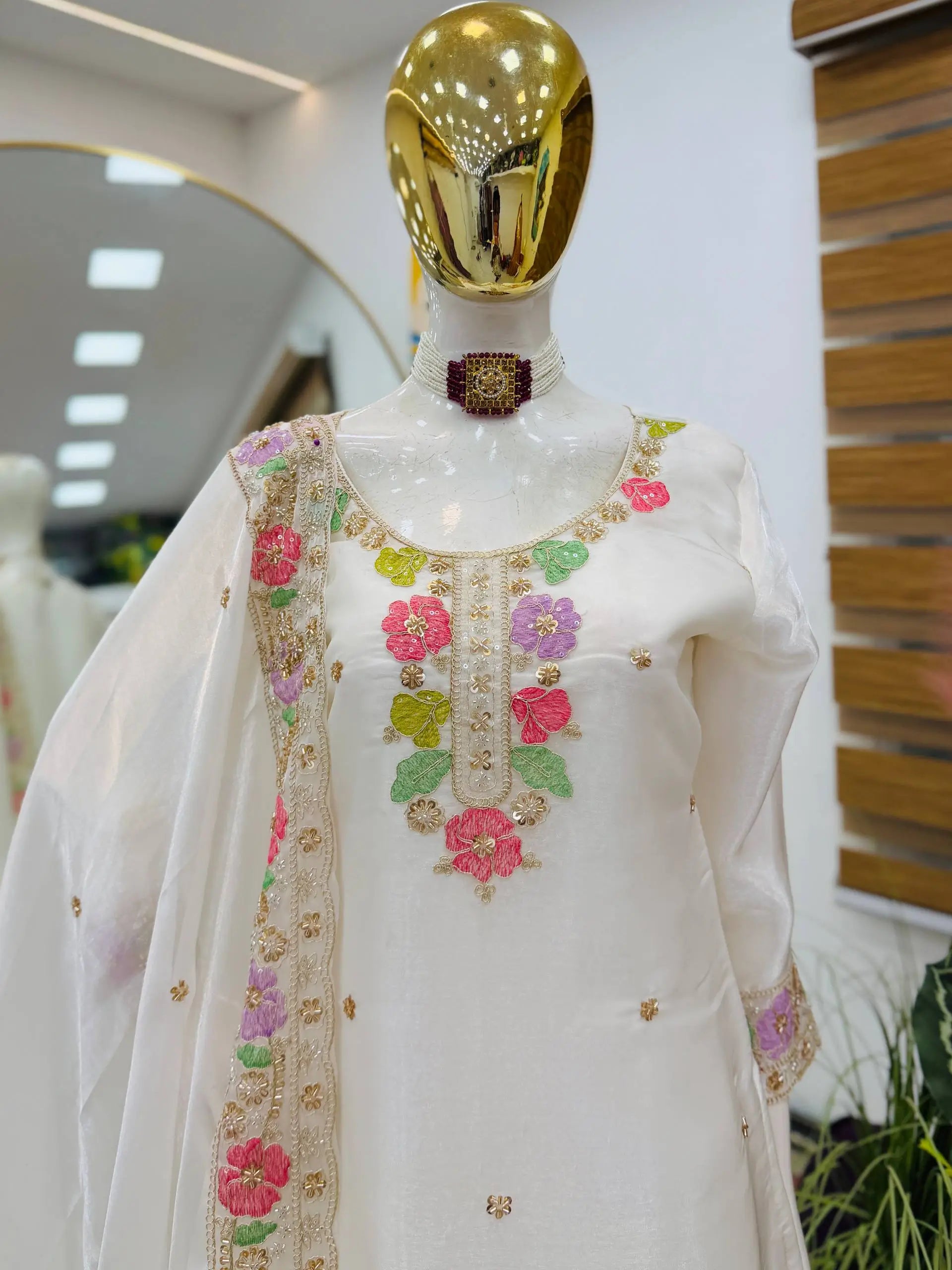 Elegant Chinon Silk Embroidered Suit Set for Festive and Wedding Wear