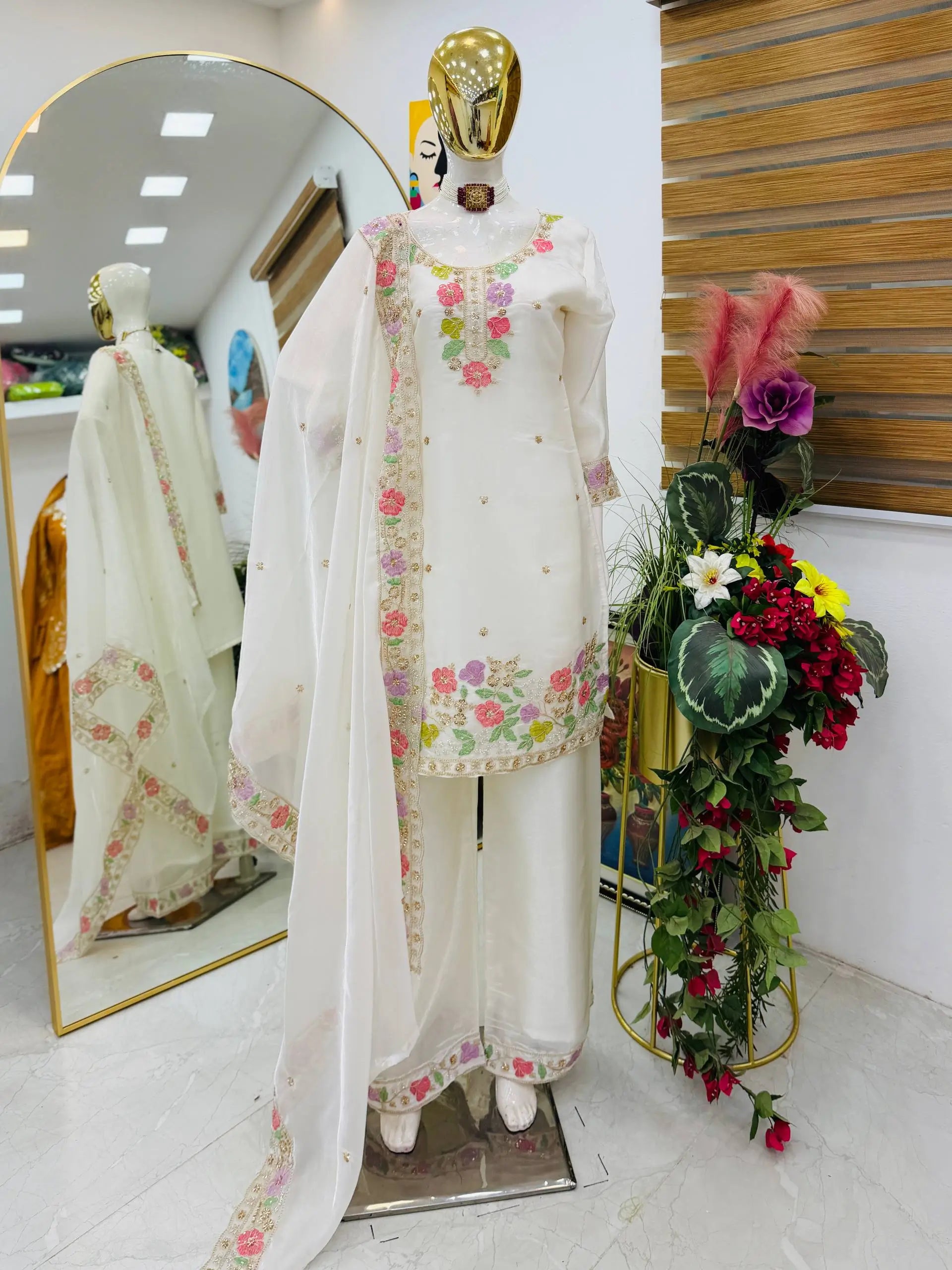 Elegant Chinon Silk Embroidered Suit Set for Festive and Wedding Wear