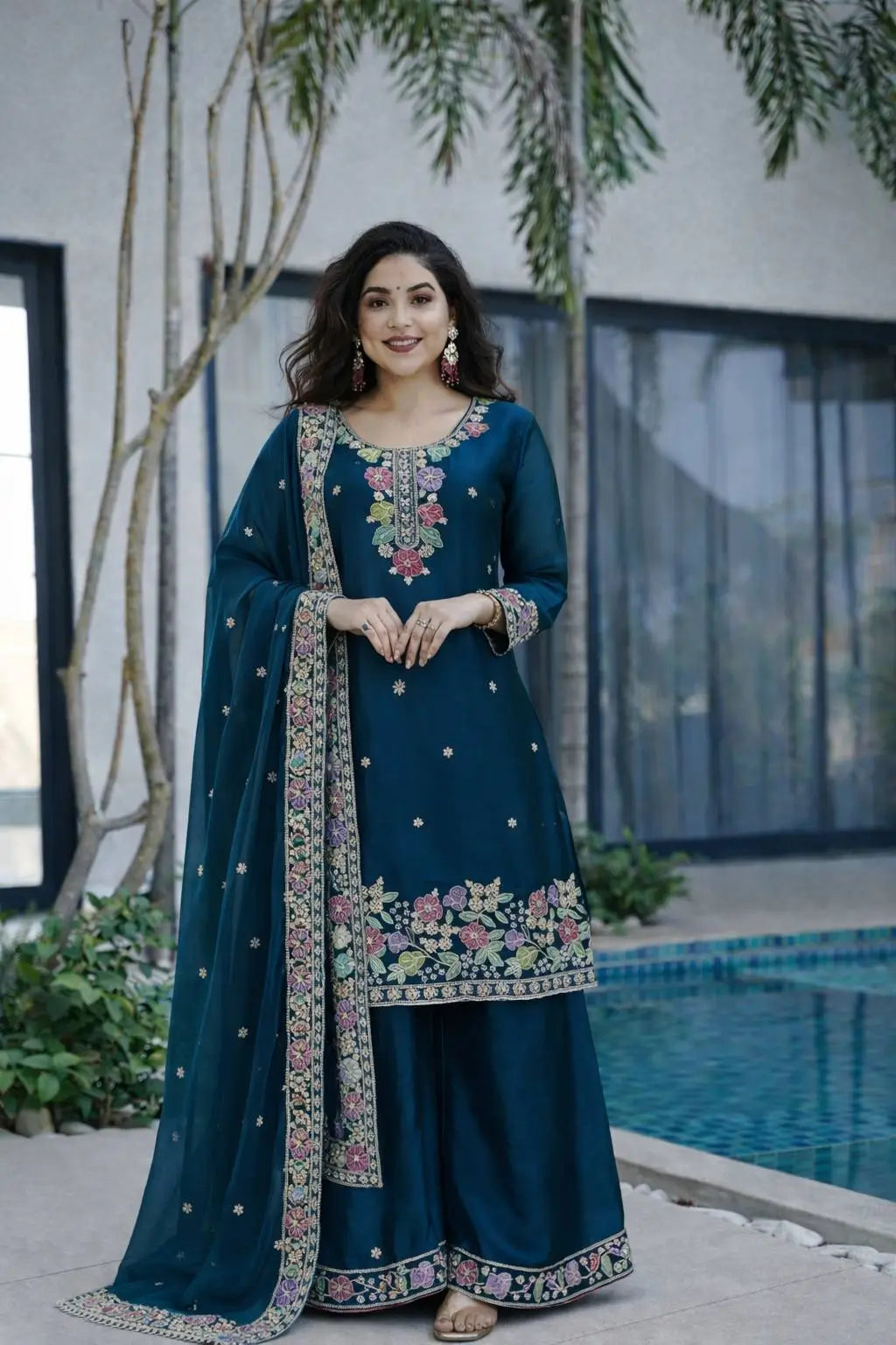 Elegant Chinon Silk Embroidered Suit Set for Festive and Wedding Wear
