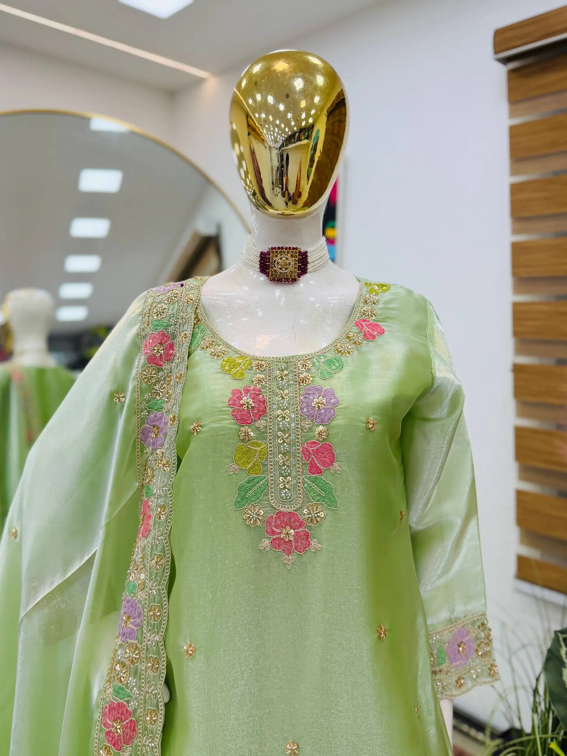 Elegant Chinon Silk Embroidered Suit Set for Festive and Wedding Wear