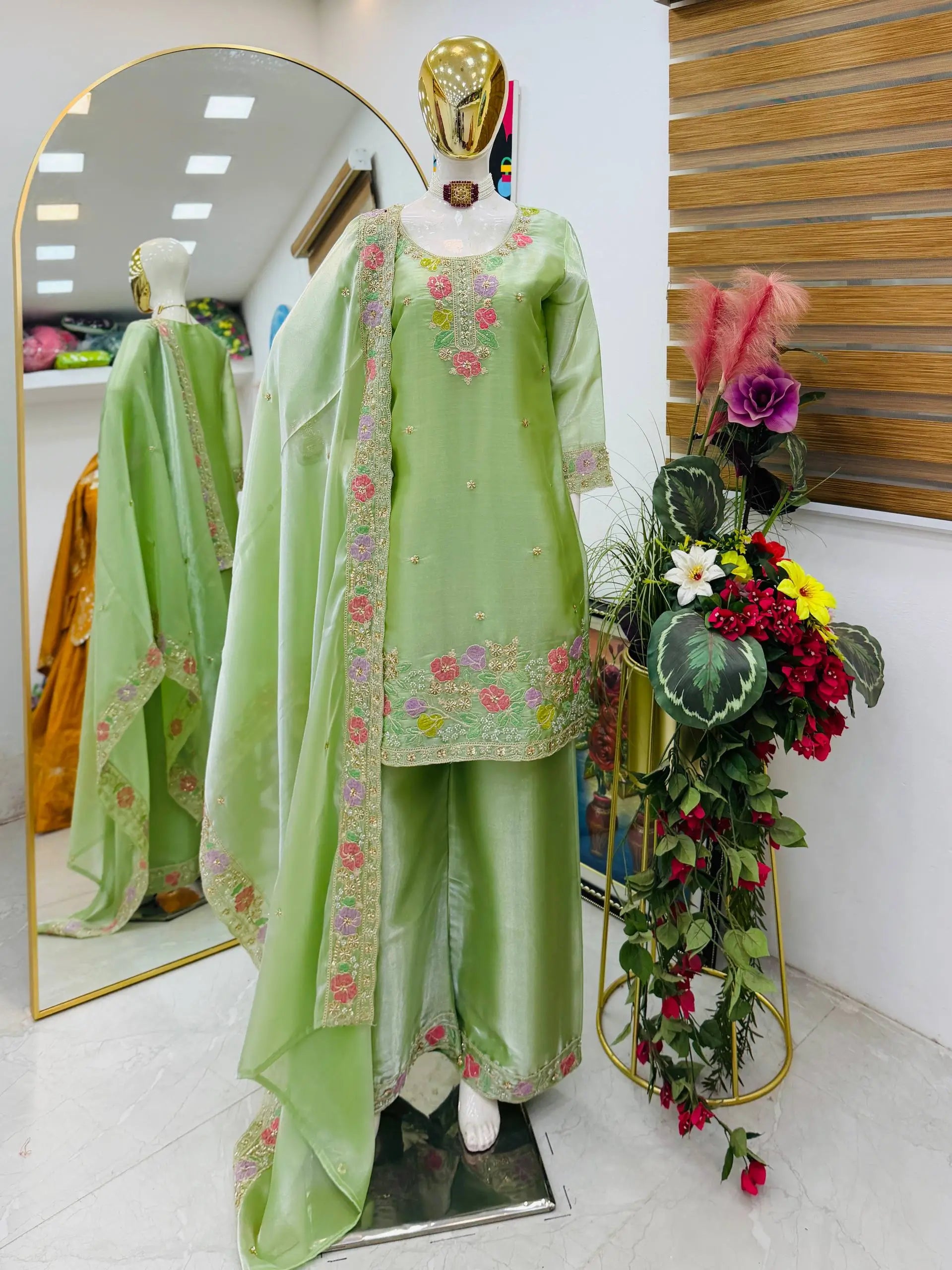 Elegant Chinon Silk Embroidered Suit Set for Festive and Wedding Wear