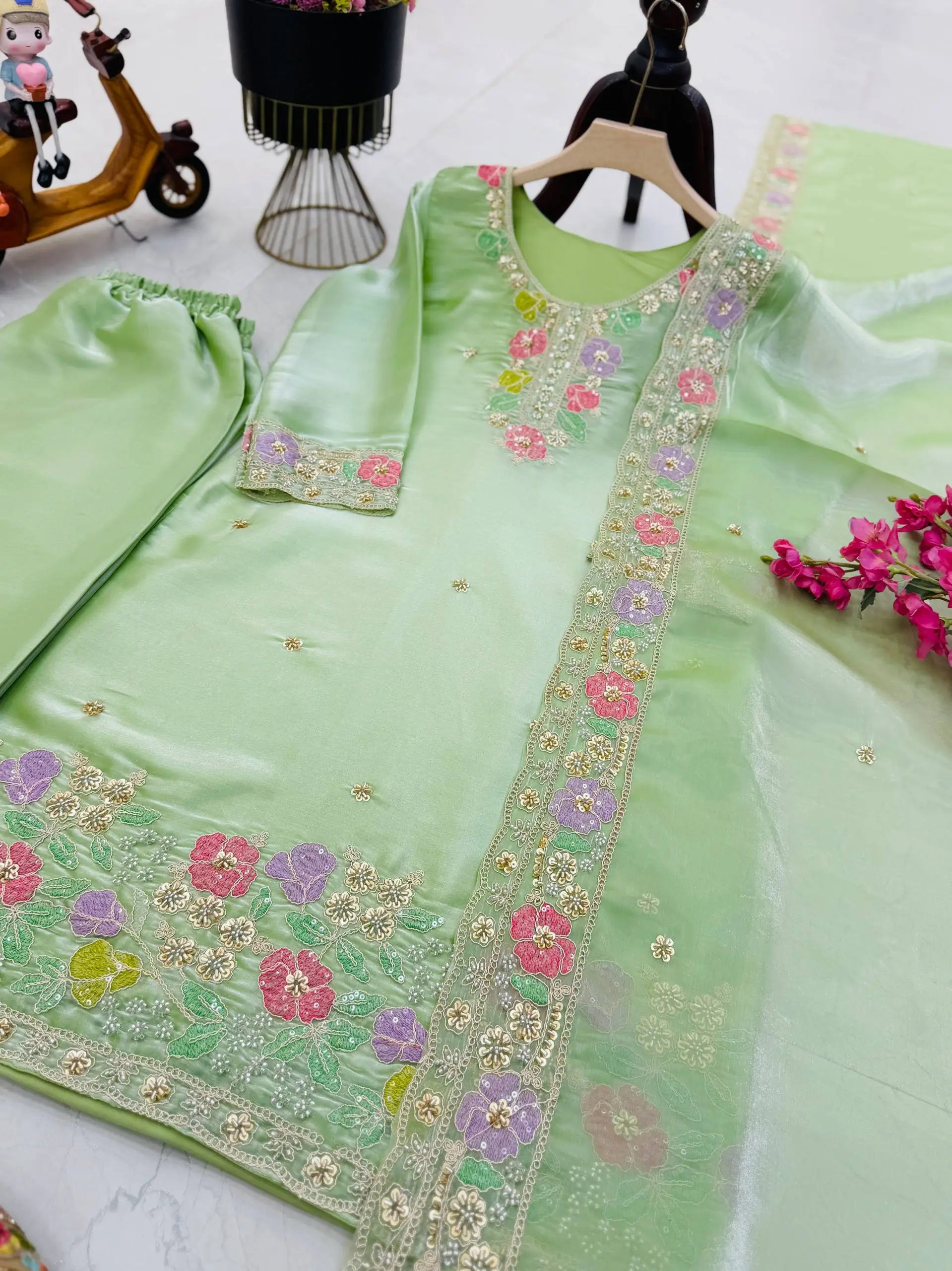 Elegant Chinon Silk Embroidered Suit Set for Festive and Wedding Wear