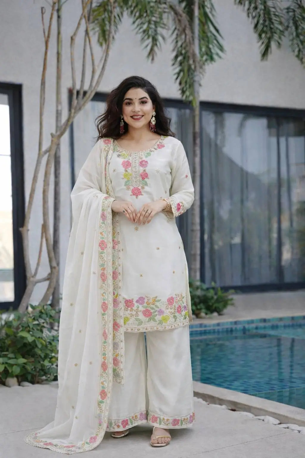 Elegant Chinon Silk Embroidered Suit Set for Festive and Wedding Wear