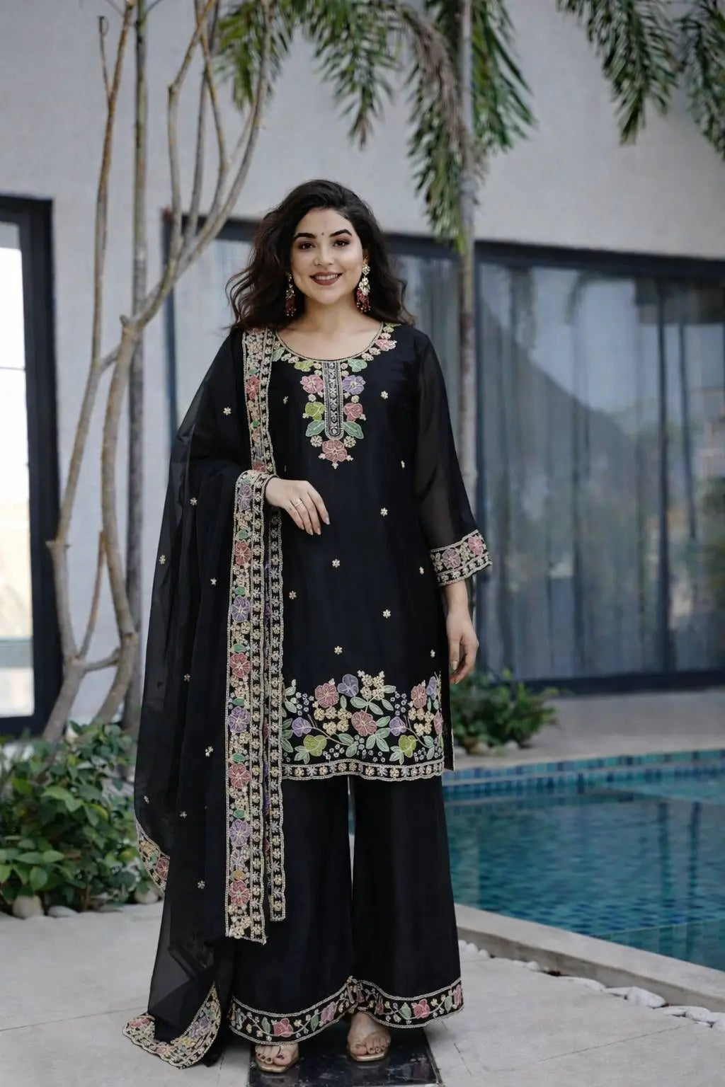 Elegant Chinon Silk Embroidered Suit Set for Festive and Wedding Wear