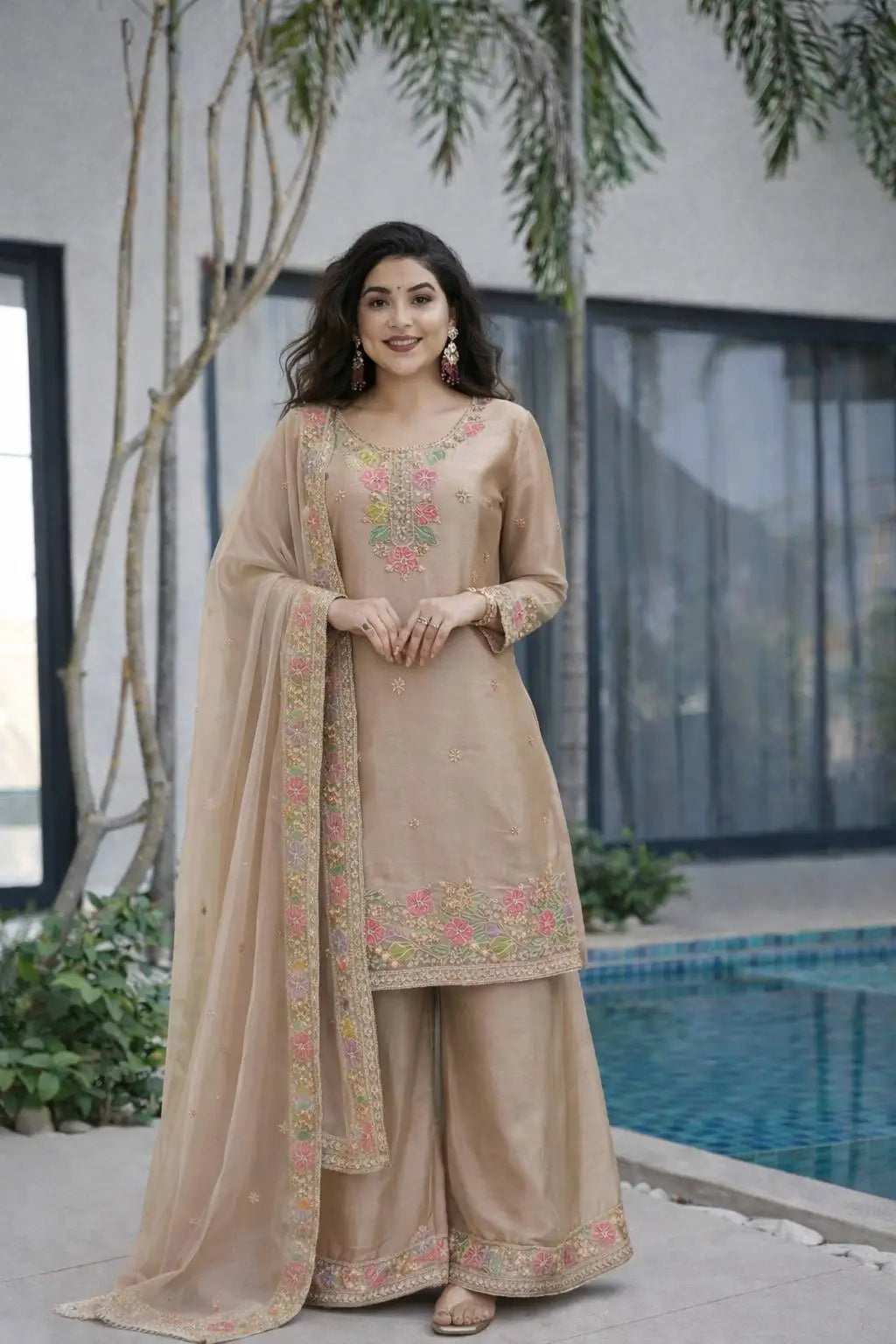Elegant Chinon Silk Embroidered Suit Set for Festive and Wedding Wear