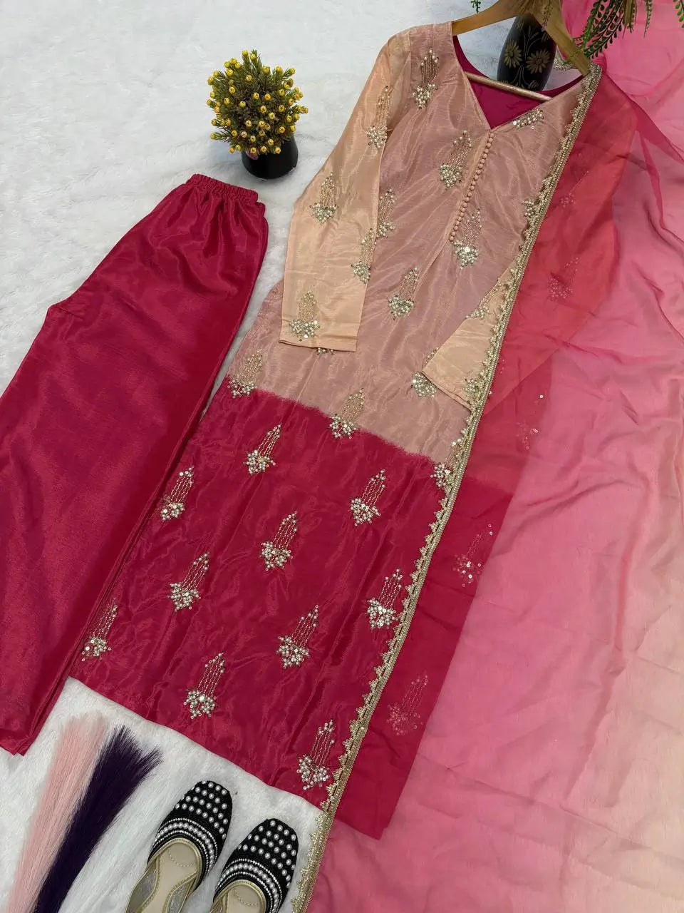 Elegant Chinon Silk Handwork Suit Set for Festive and Party Wear