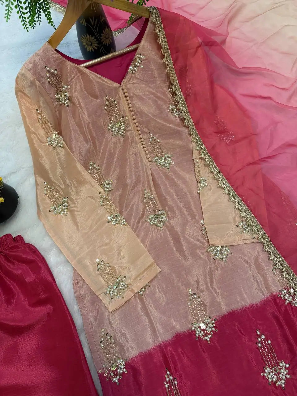 Elegant Chinon Silk Handwork Suit Set for Festive and Party Wear