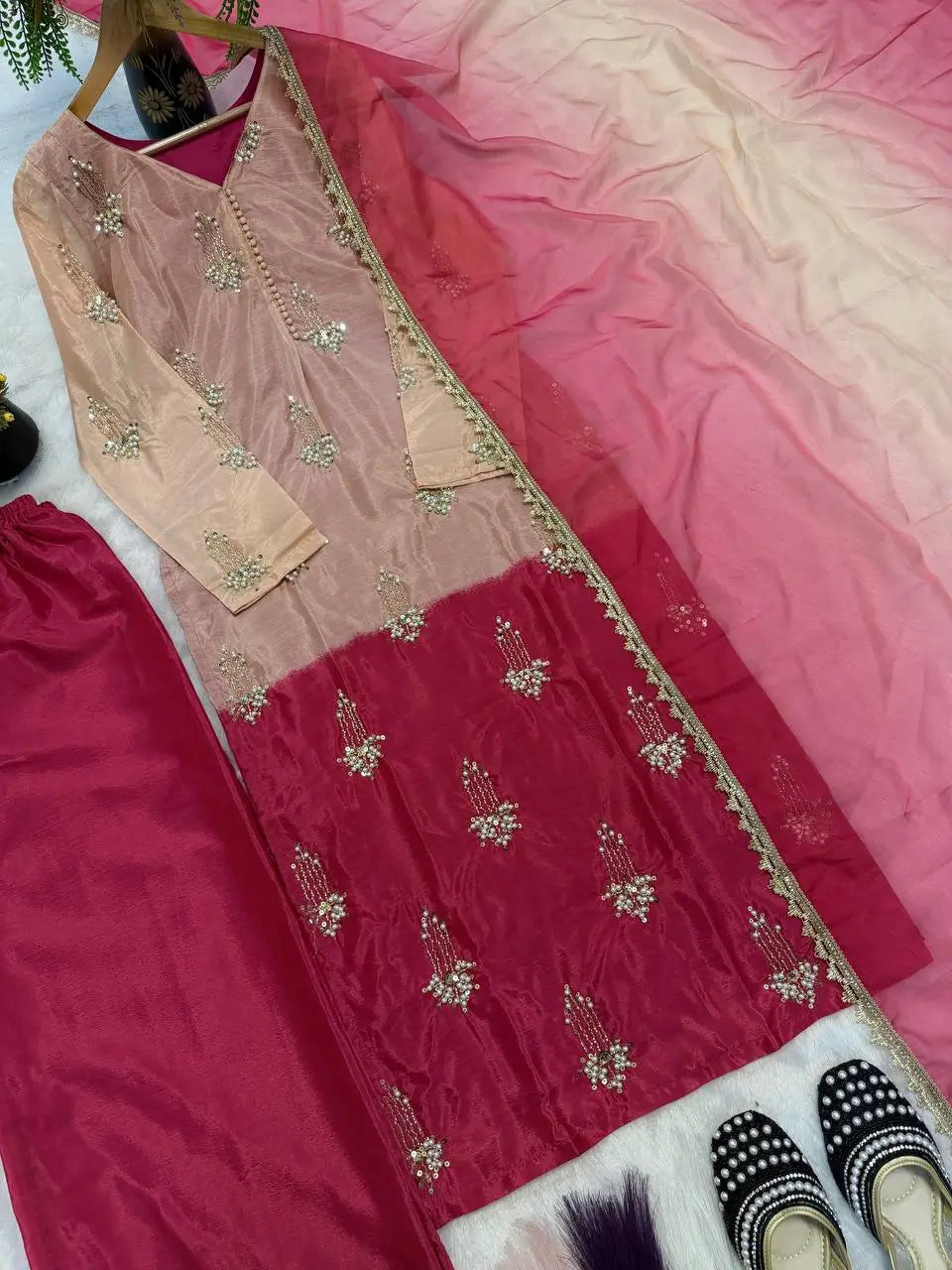 Elegant Chinon Silk Handwork Suit Set for Festive and Party Wear