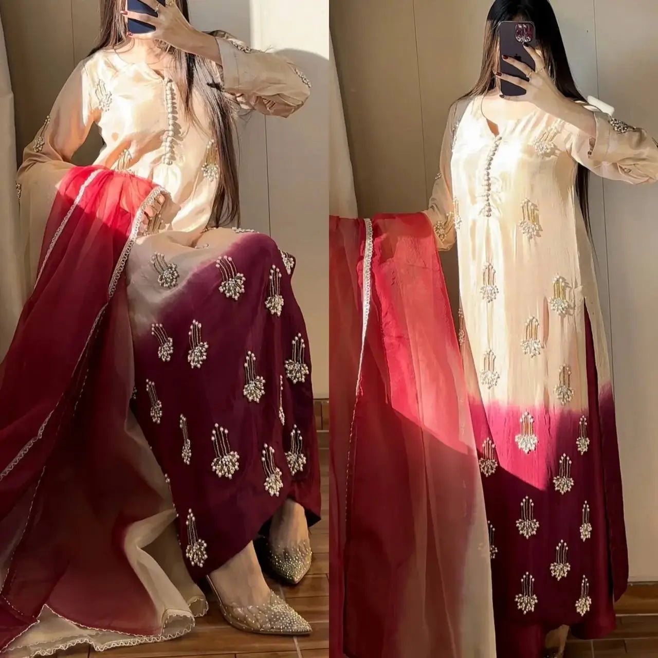Elegant Chinon Silk Handwork Suit Set for Festive and Party Wear