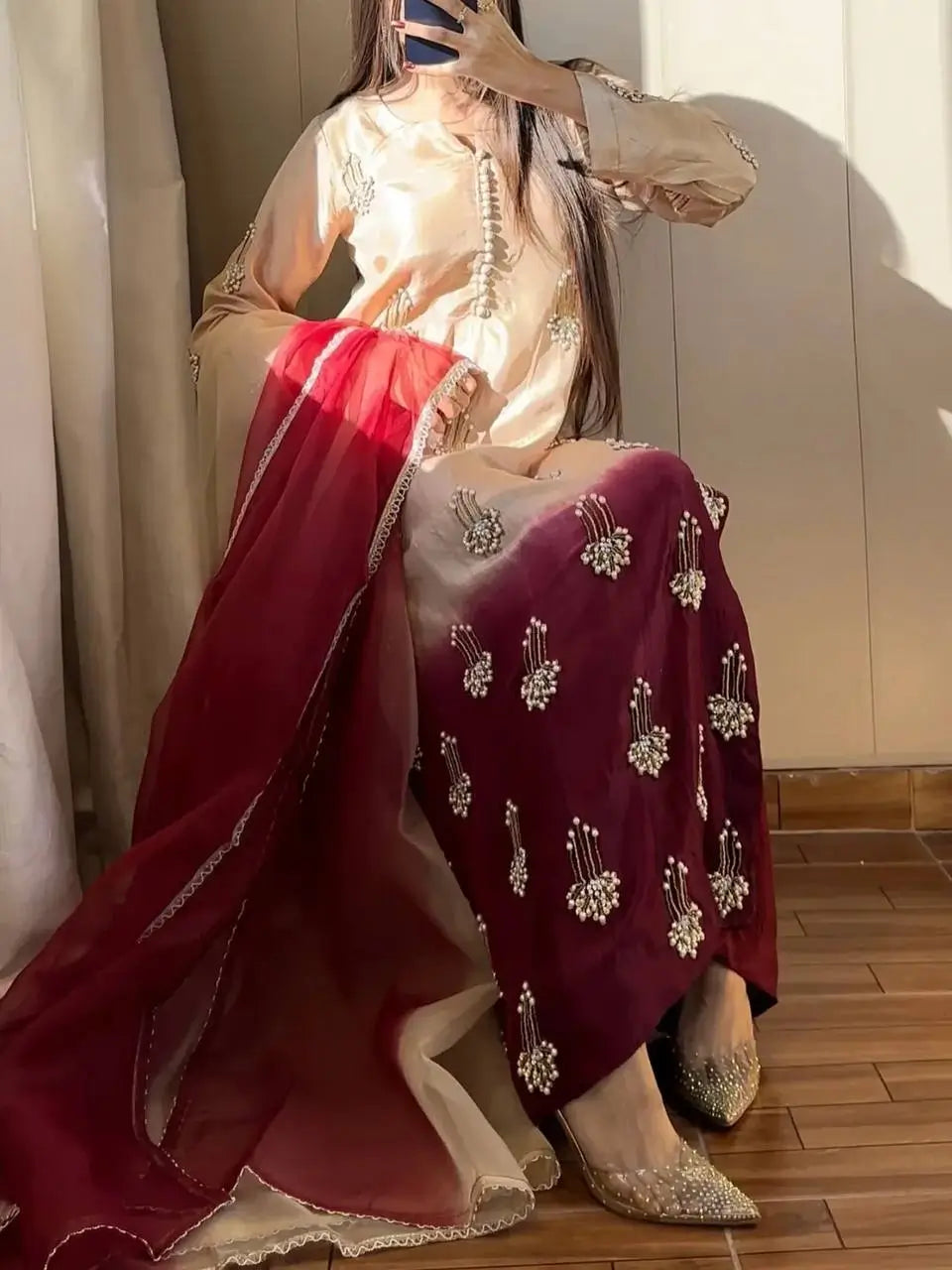Elegant Chinon Silk Handwork Suit Set for Festive and Party Wear