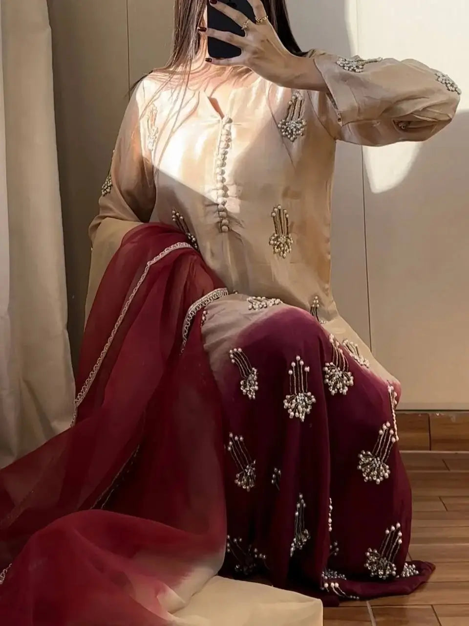 Elegant Chinon Silk Handwork Suit Set for Festive and Party Wear