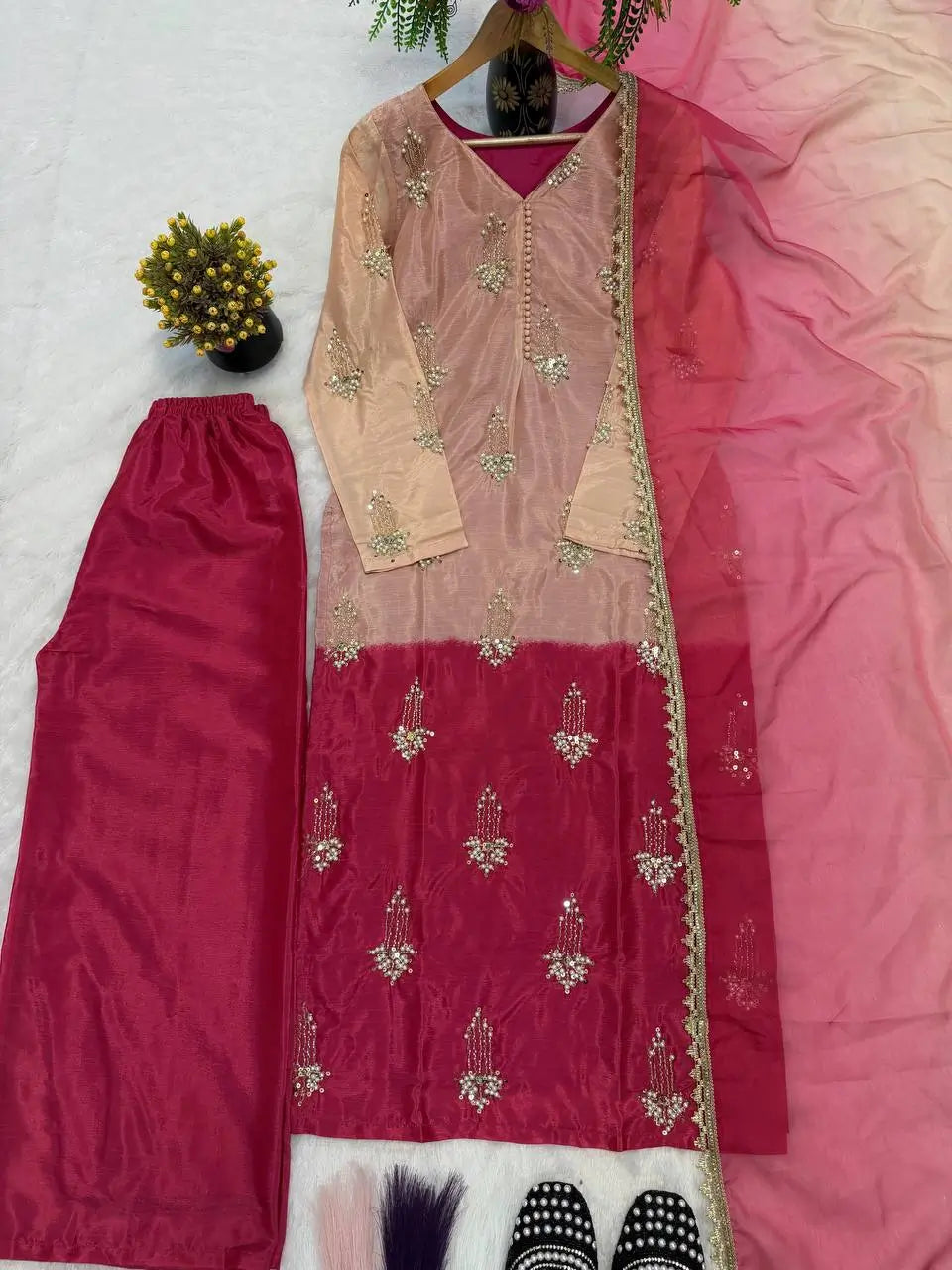 Elegant Chinon Silk Handwork Suit Set for Festive and Party Wear