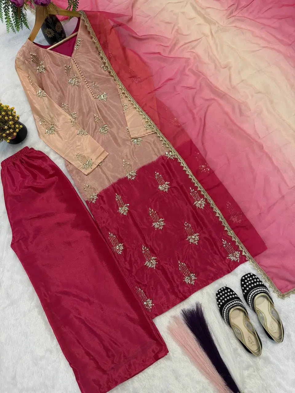 Elegant Chinon Silk Handwork Suit Set for Festive and Party Wear