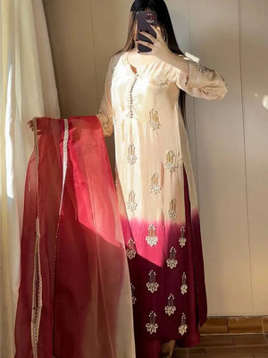 Elegant Chinon Silk Handwork Suit Set for Festive and Party Wear