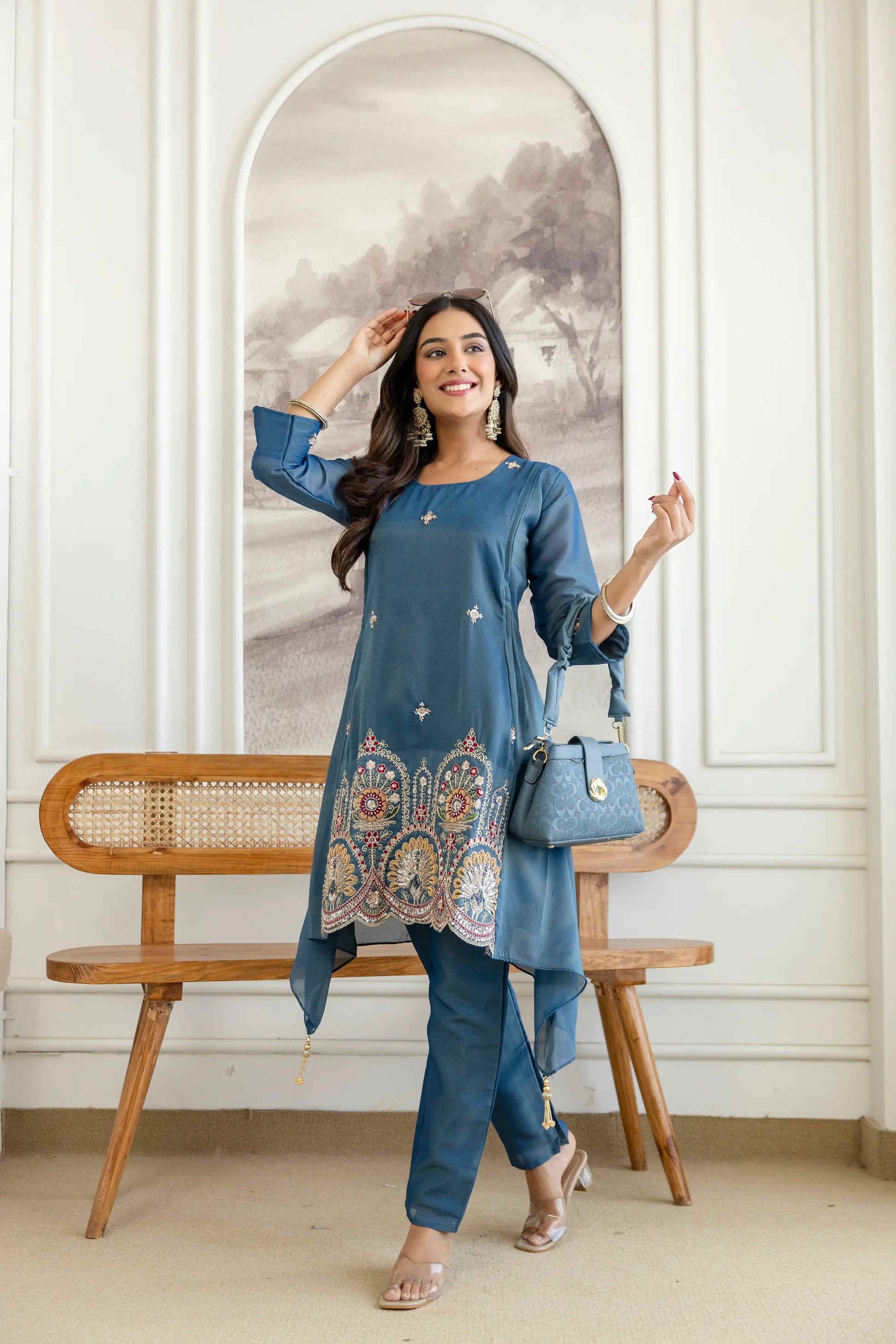 Elegant Cosmos Shimmer Kurti Pant Set for Festive and Occasion Wear