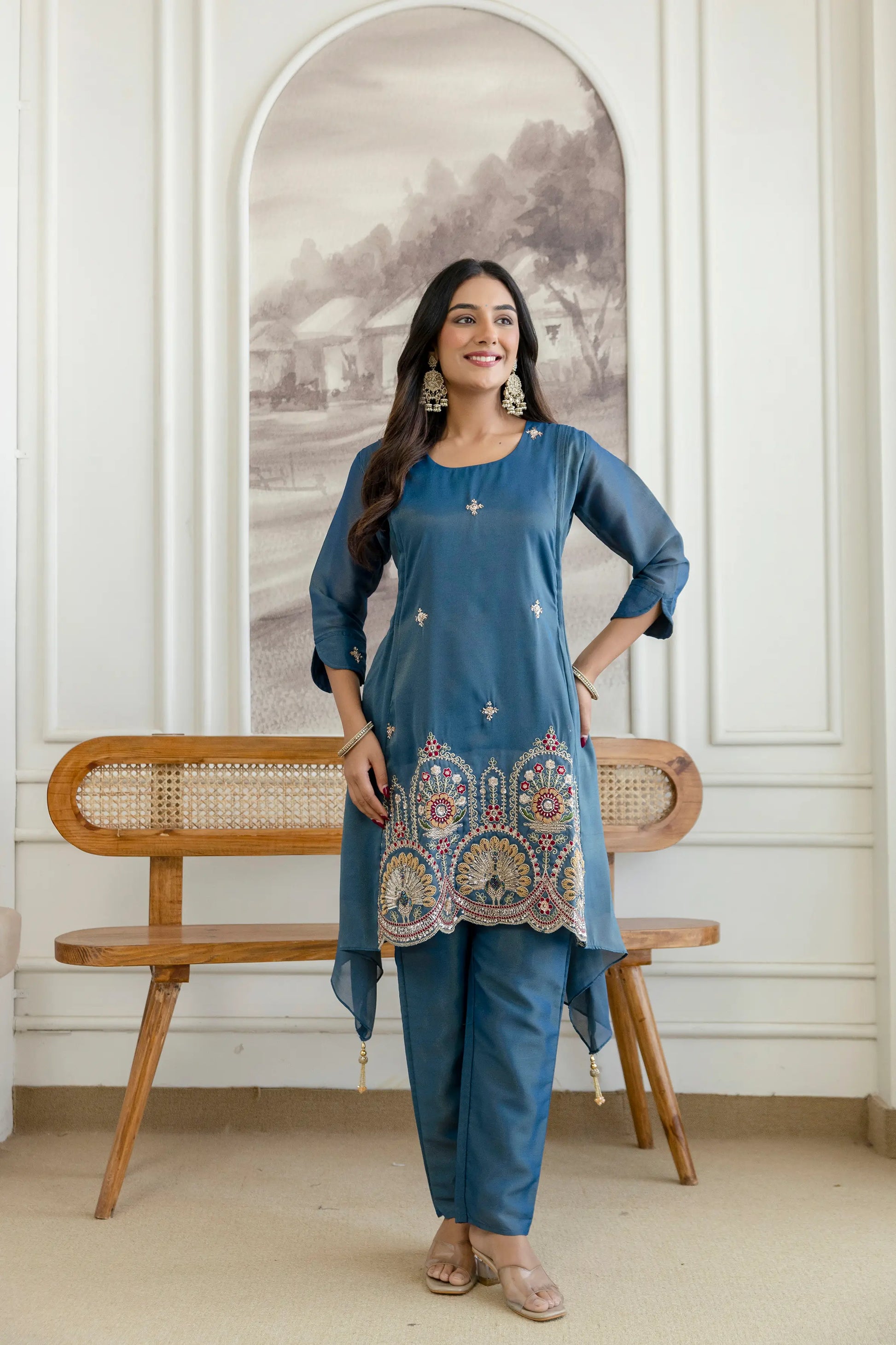 Elegant Cosmos Shimmer Kurti Pant Set for Festive and Occasion Wear