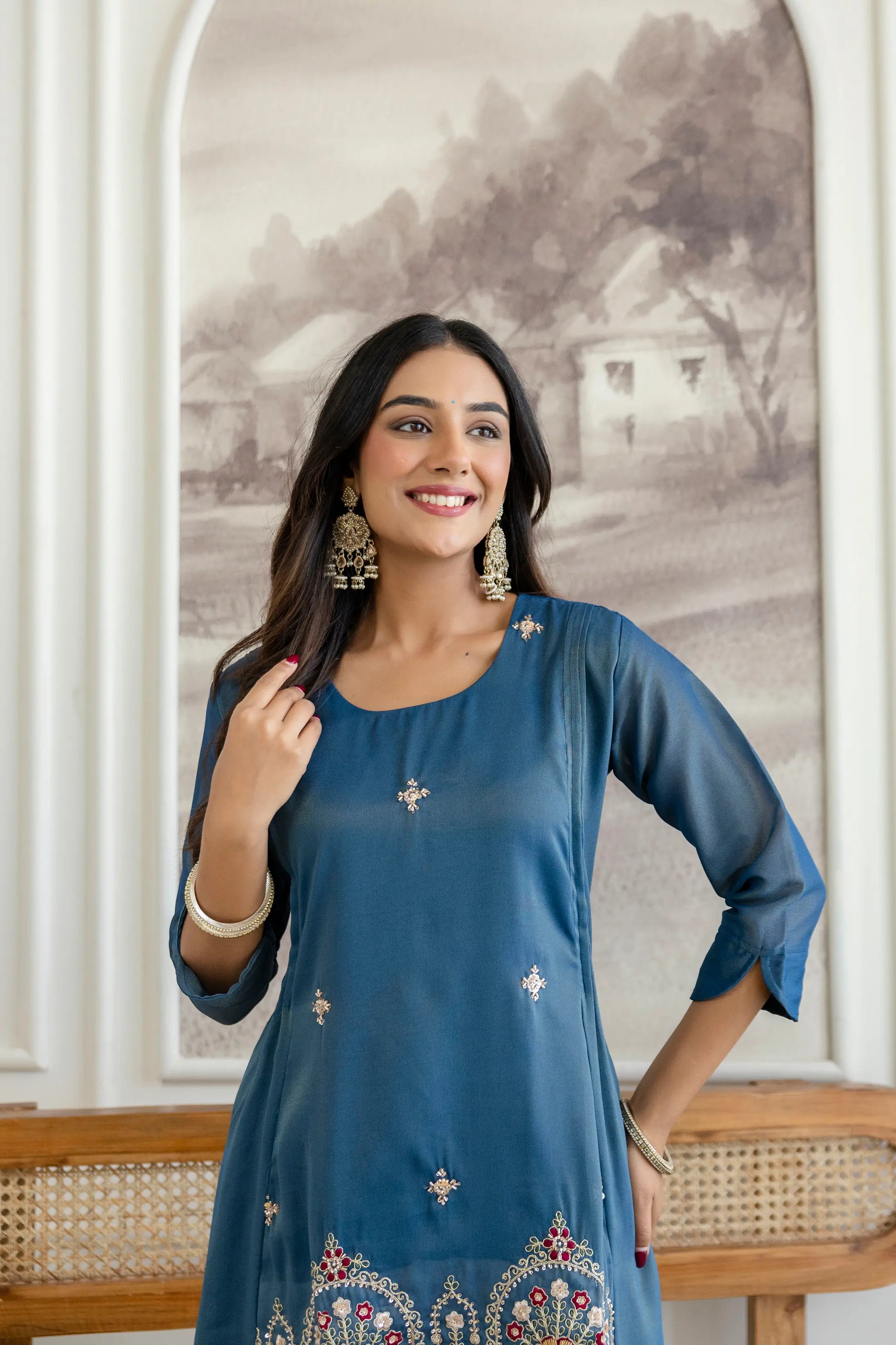 Elegant Cosmos Shimmer Kurti Pant Set for Festive and Occasion Wear