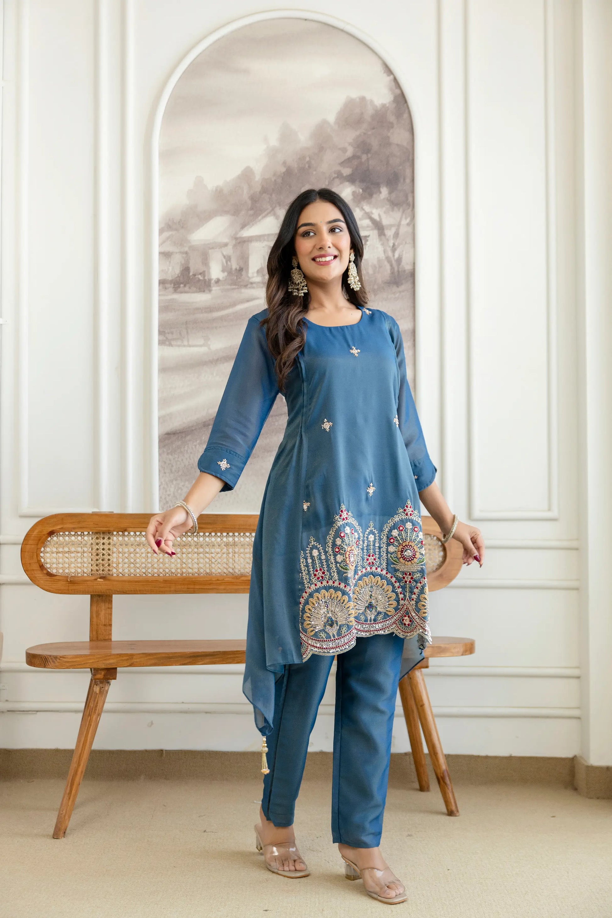 Elegant Cosmos Shimmer Kurti Pant Set for Festive and Occasion Wear