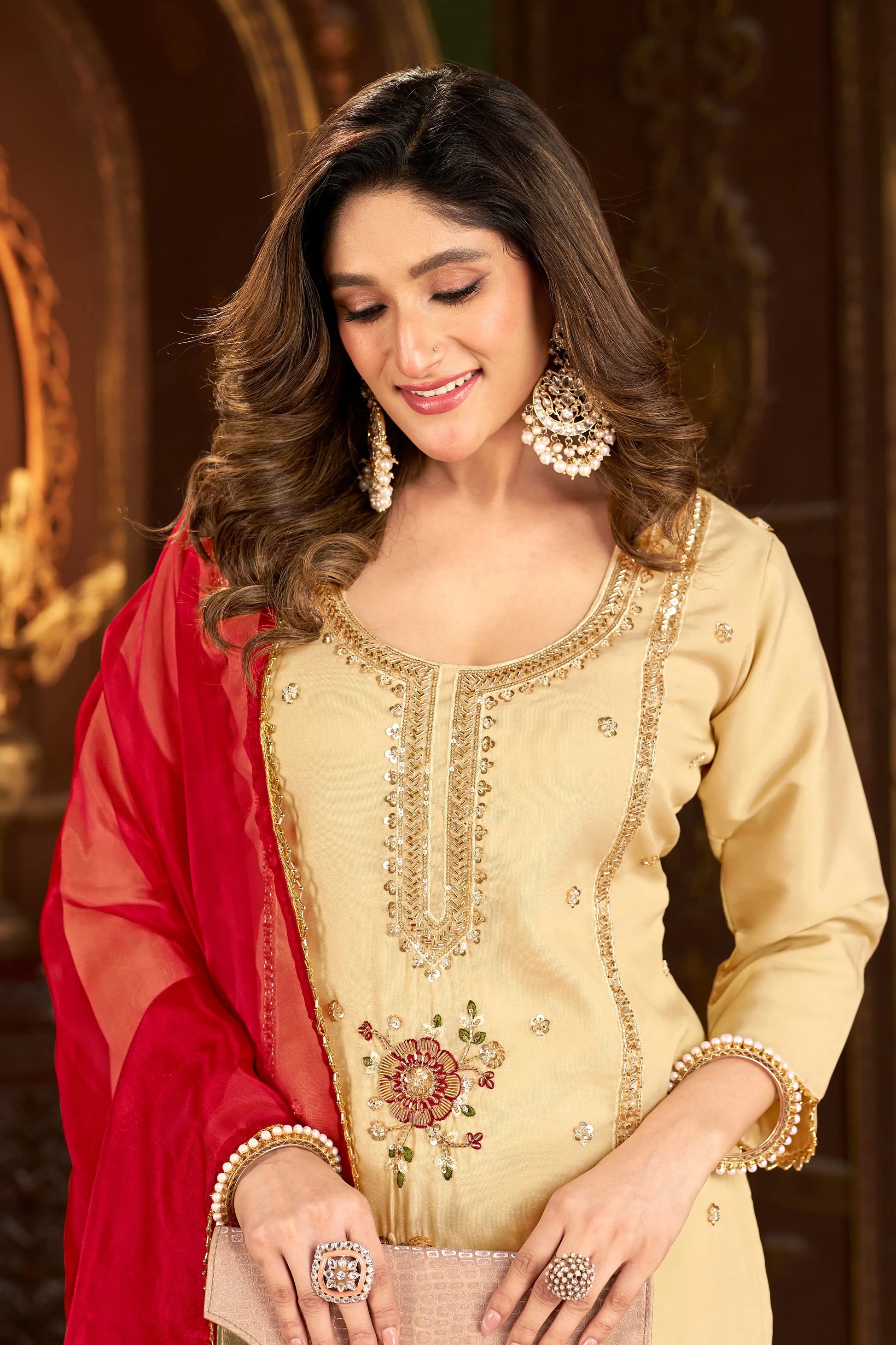 Elegant Cosmos Shimmer Kurti Plazzo Dupatta Set for Festive and Occasion Wear
