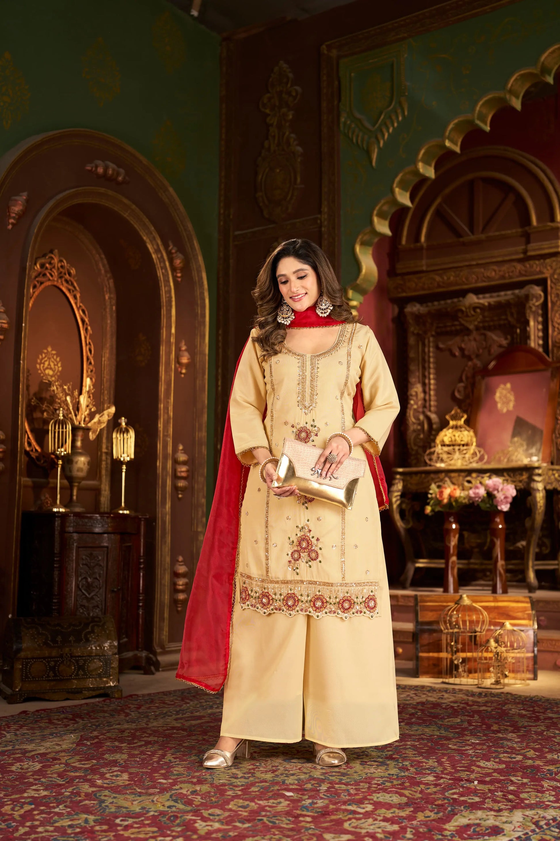 Elegant Cosmos Shimmer Kurti Plazzo Dupatta Set for Festive and Occasion Wear