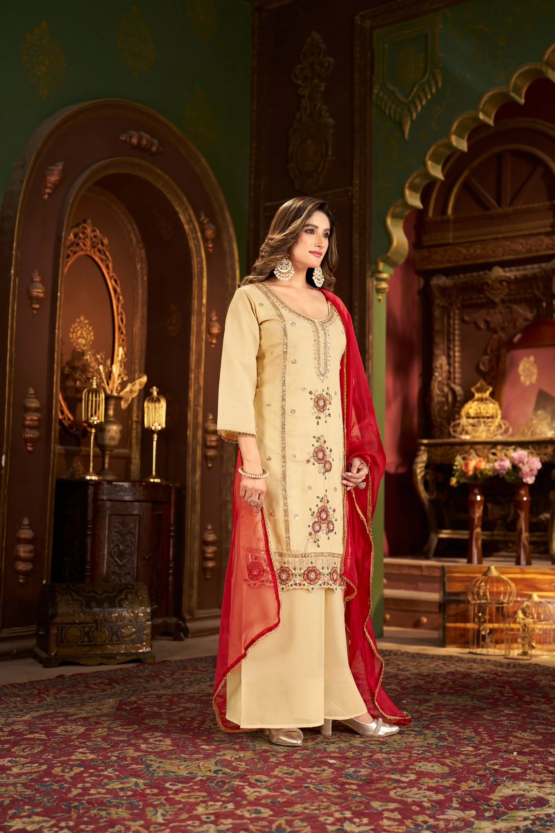 Elegant Cosmos Shimmer Kurti Plazzo Dupatta Set for Festive and Occasion Wear