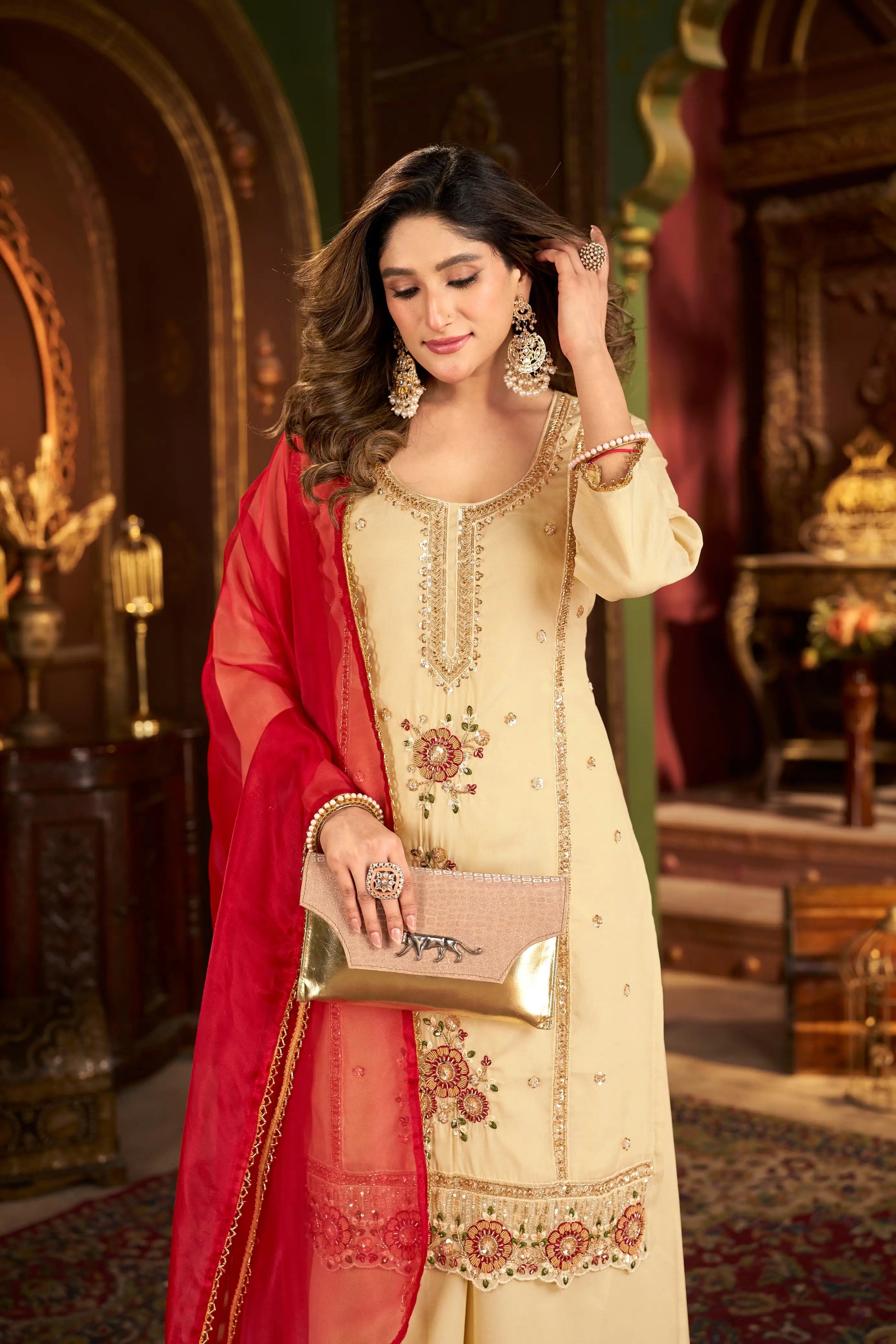Elegant Cosmos Shimmer Kurti Plazzo Dupatta Set for Festive and Occasion Wear