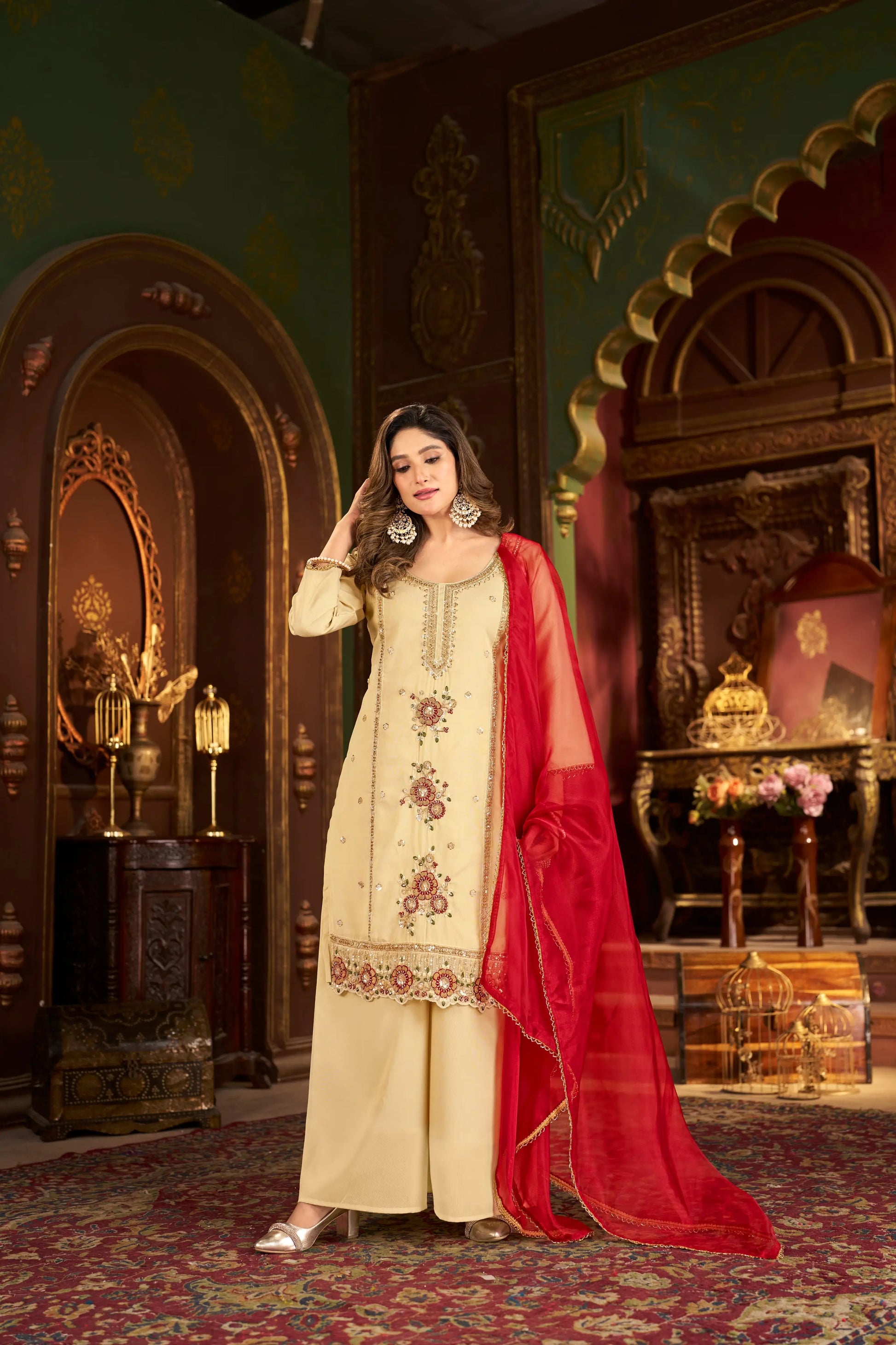 Elegant Cosmos Shimmer Kurti Plazzo Dupatta Set for Festive and Occasion Wear