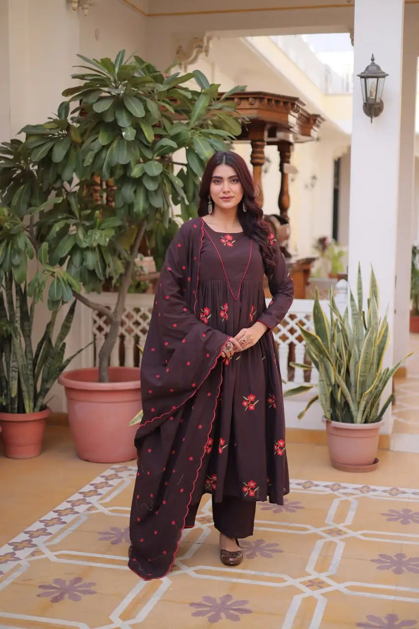 Elegant Cotton Embroidered Kurti Pant Dupatta Set for Festive and Daily Occasion Wear